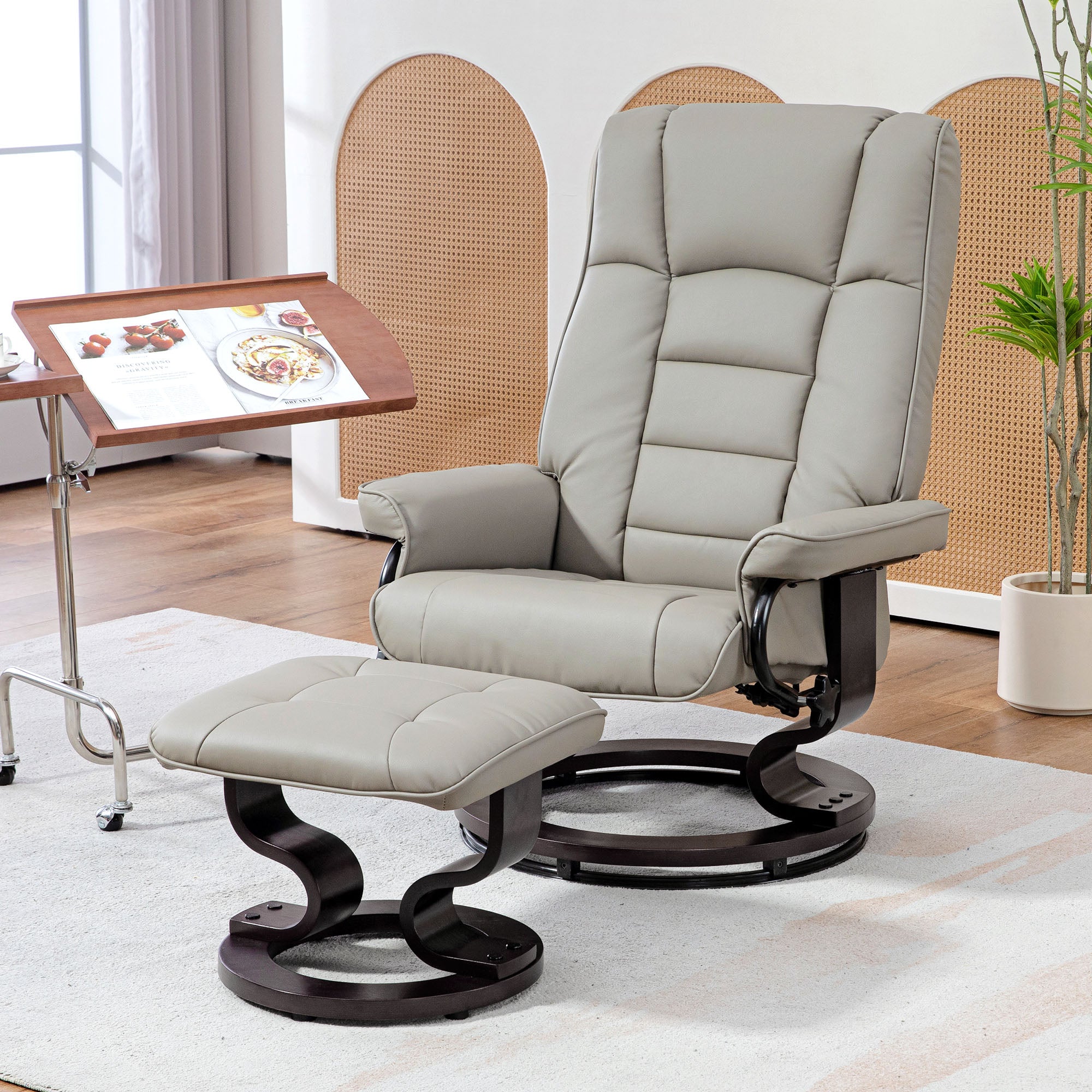 Faux Leather Reclining Chair with Ottoman, Manual Recliner with Tufted Back and Wood Frame for Living Room, Gray