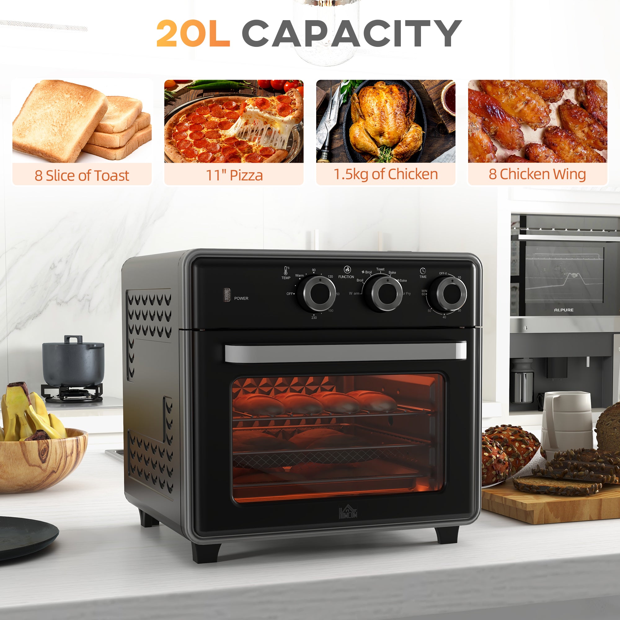 HOMCOM Mini Oven, 20L Air Fryer Oven with Timer, Countertop Convection Oven with Double Layered Glass Door and Adjustable Temp, Oil-Less Cooking, Dishwasher safe Accessory, 1400W