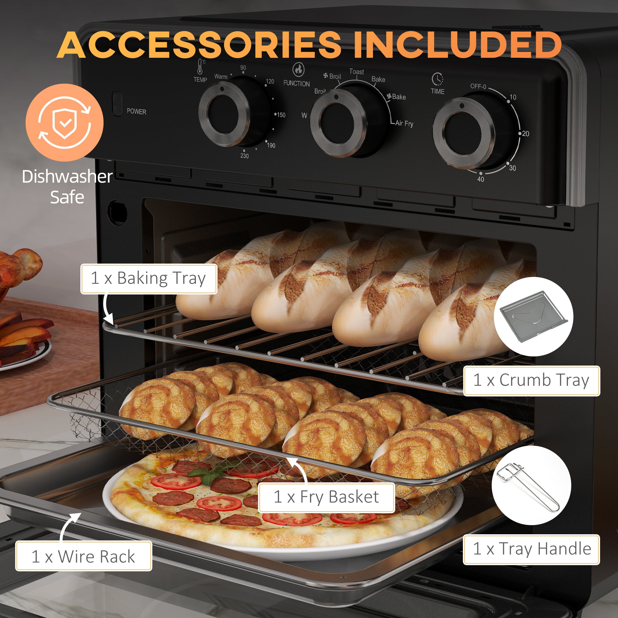 HOMCOM Mini Oven, 20L Air Fryer Oven with Timer, Countertop Convection Oven with Double Layered Glass Door and Adjustable Temp, Oil-Less Cooking, Dishwasher safe Accessory, 1400W