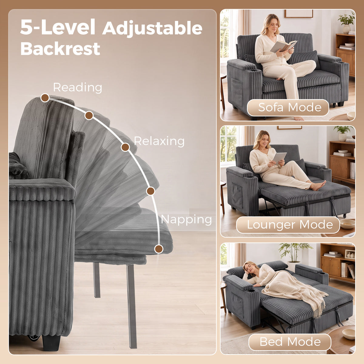 2 Seater Sofa Bed, 3-in-1 Convertible Pull Out Sleeper Sofa, Corduroy Loveseat Bed Settee with Adjustable Backrest, Storage Armrests, Cup Holders, Side Pockets for Living Room, Dark Grey