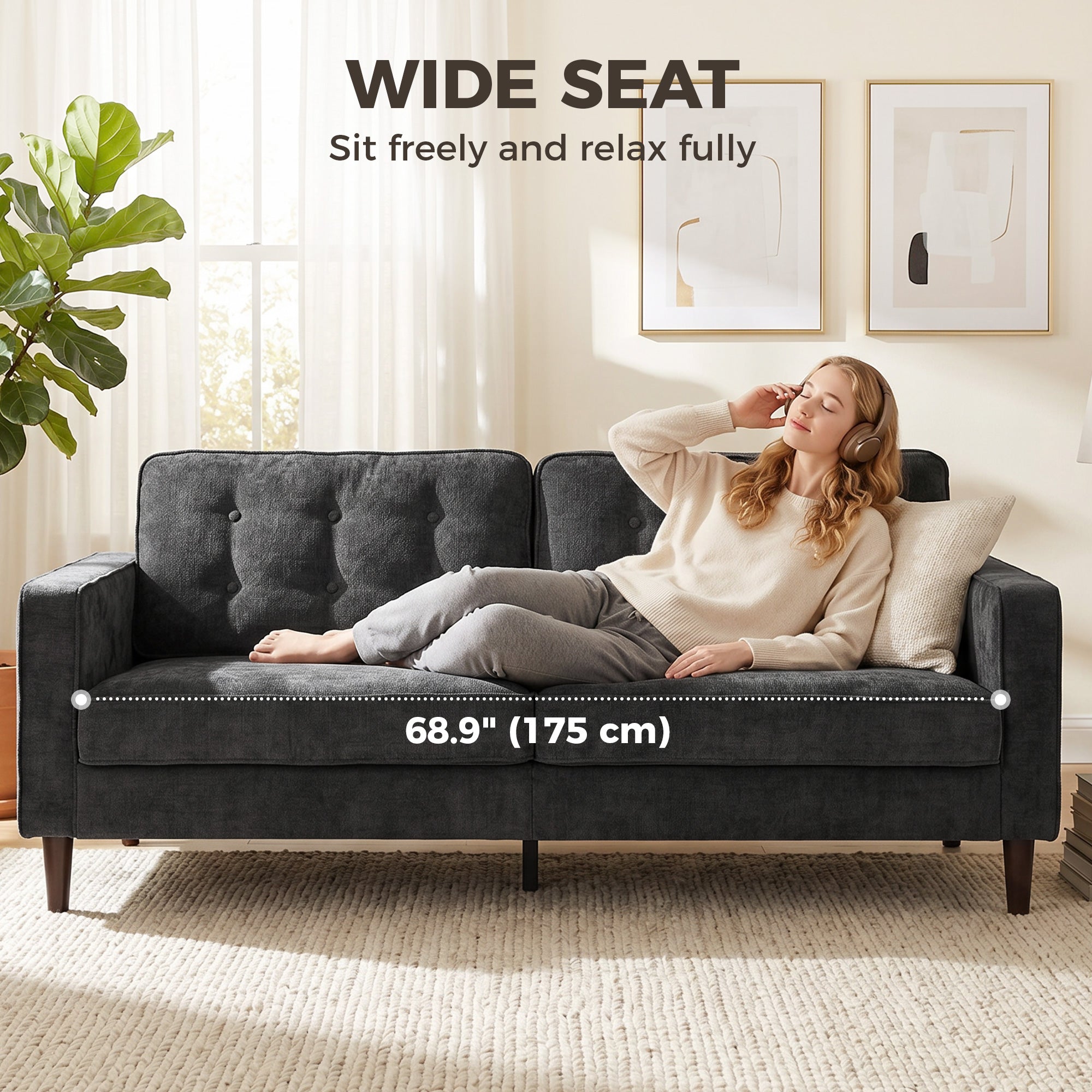 3 Seater Sofa, Upholstered Couch for Bedroom, Modern Sofa Settee with Padded Cushion, Button Tufting and Wood Legs for Living Room, Dark Grey