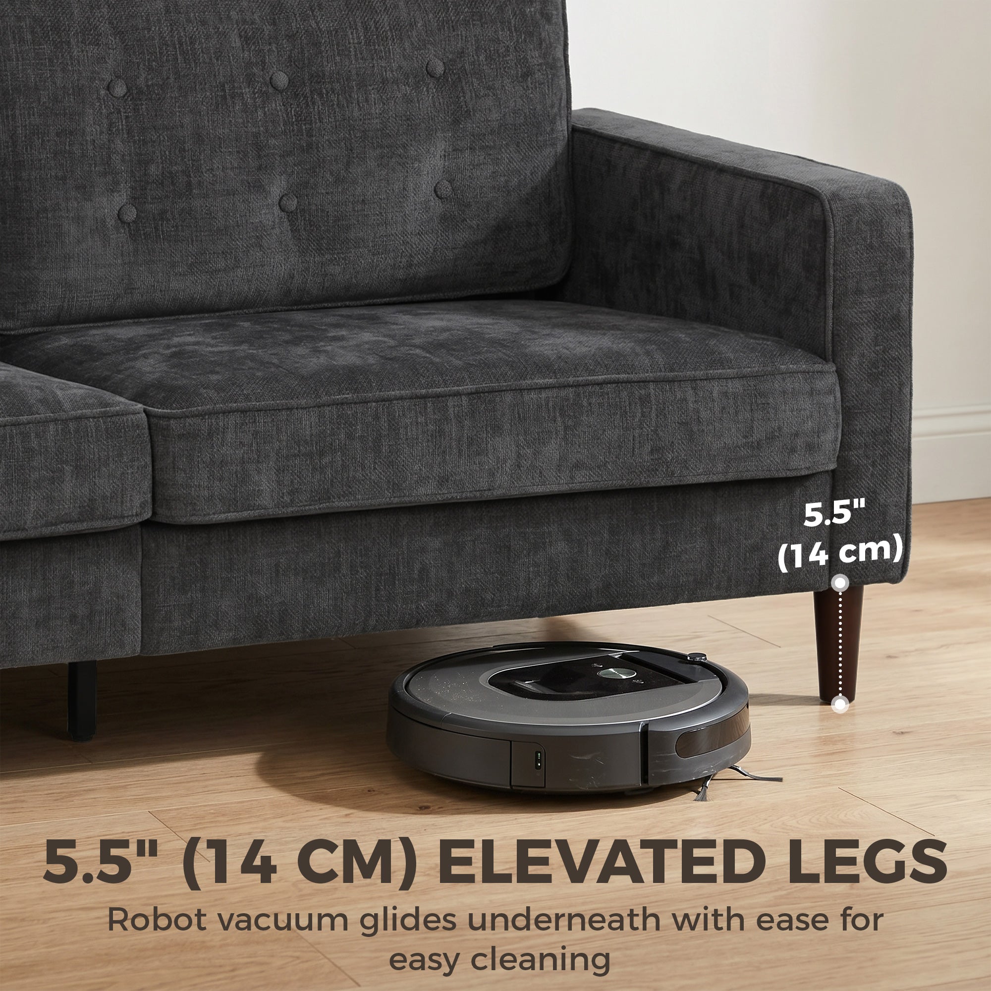 3 Seater Sofa, Upholstered Couch for Bedroom, Modern Sofa Settee with Padded Cushion, Button Tufting and Wood Legs for Living Room, Dark Grey