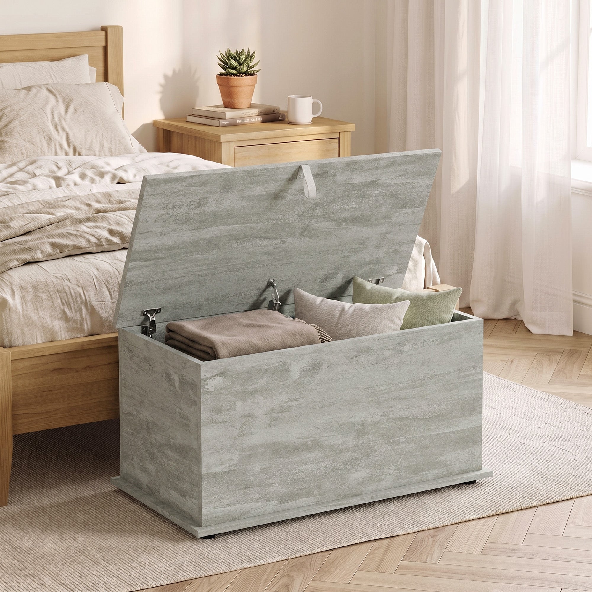 Storage Chest, Large 102L Blanket Box, Shoe Bench with Safety Hinged Lid, Storage Trunk, Bed End Bench for Bedroom, Hallway, Living room, Playroom, 80 x 40 x 45cm, Grey