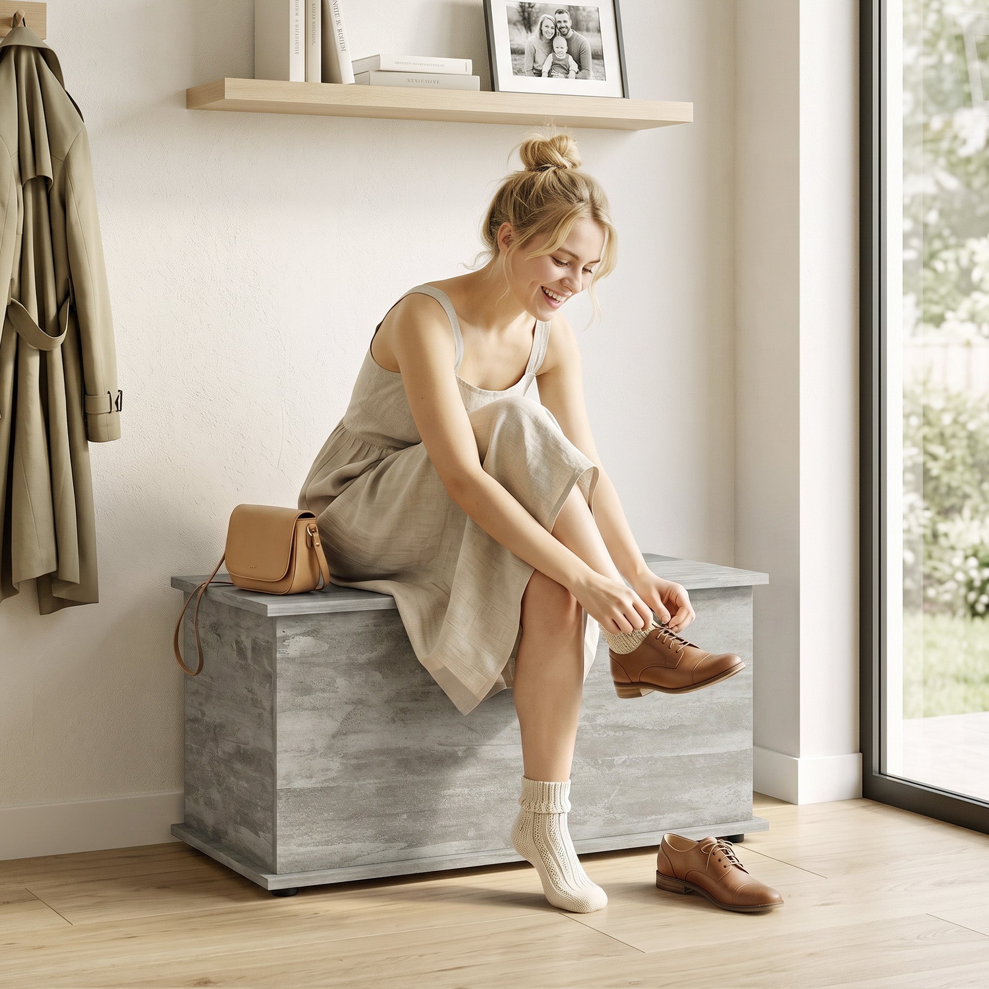 Storage Chest, Large 102L Blanket Box, Shoe Bench with Safety Hinged Lid, Storage Trunk, Bed End Bench for Bedroom, Hallway, Living room, Playroom, 80 x 40 x 45cm, Grey