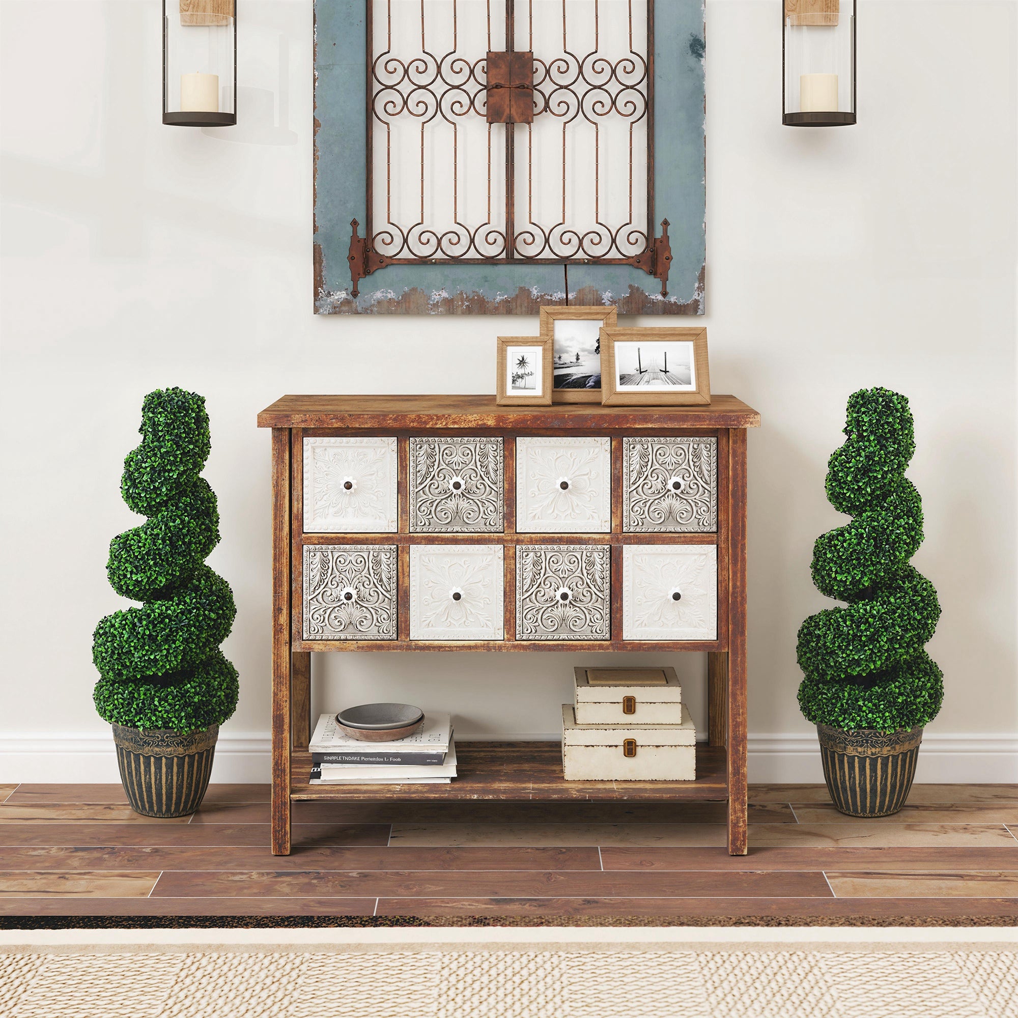 Set of 2 Decorative Artificial Plants Topiary Spiral Boxwood Trees in Pot, Fake Plants for Home Indoor Outdoor Decor, 90cm, Light Green