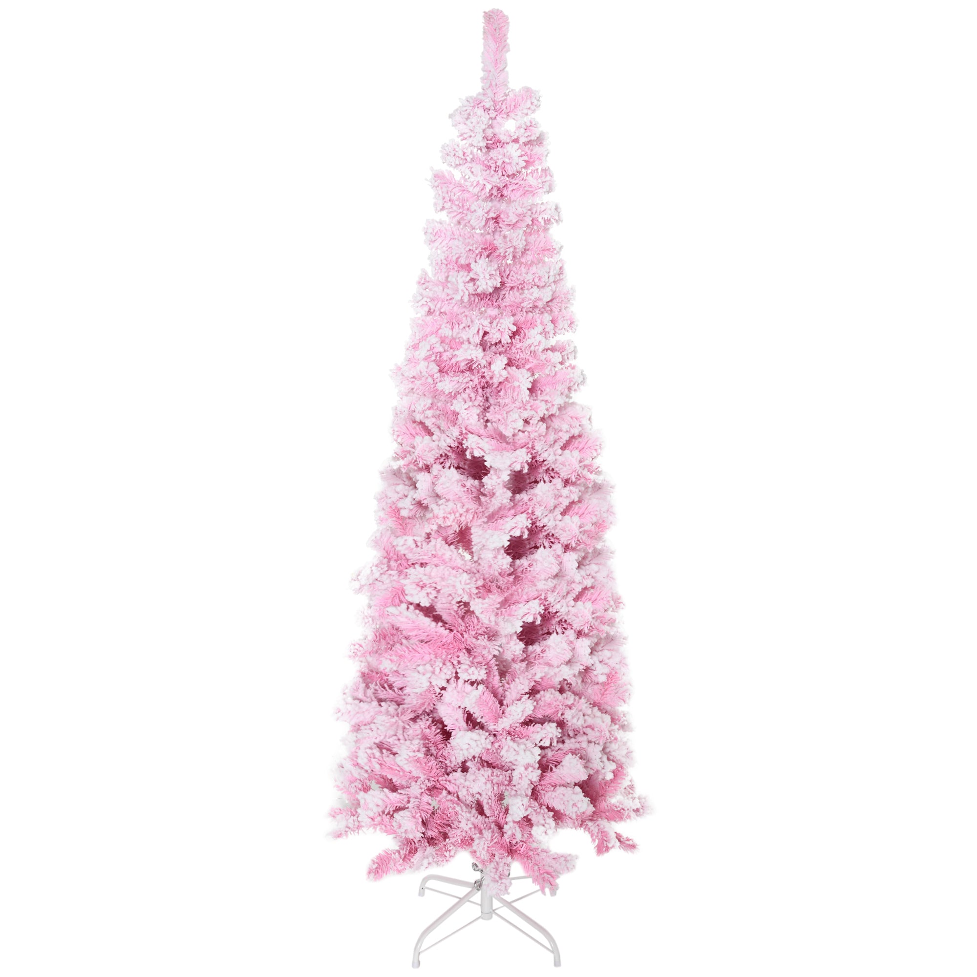 6ft Tall Unlit Snow Flocked Artificial Christmas Tree Slim Pencil Xmas Tree with Realistic Branches Pink