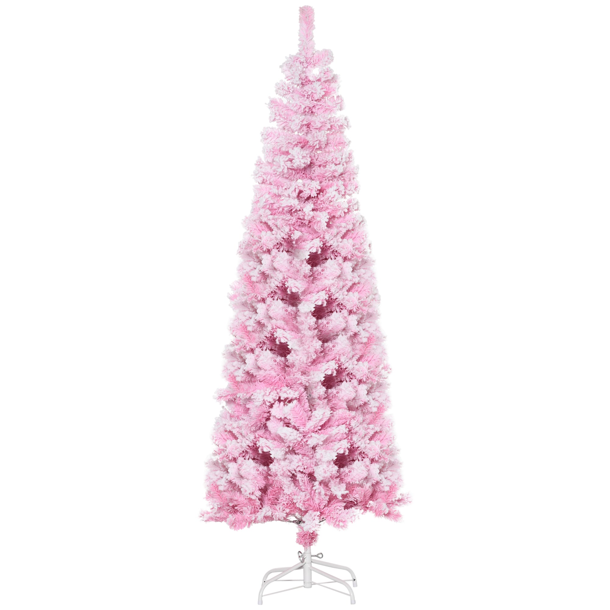 6ft Tall Unlit Snow Flocked Artificial Christmas Tree Slim Pencil Xmas Tree with Realistic Branches Pink