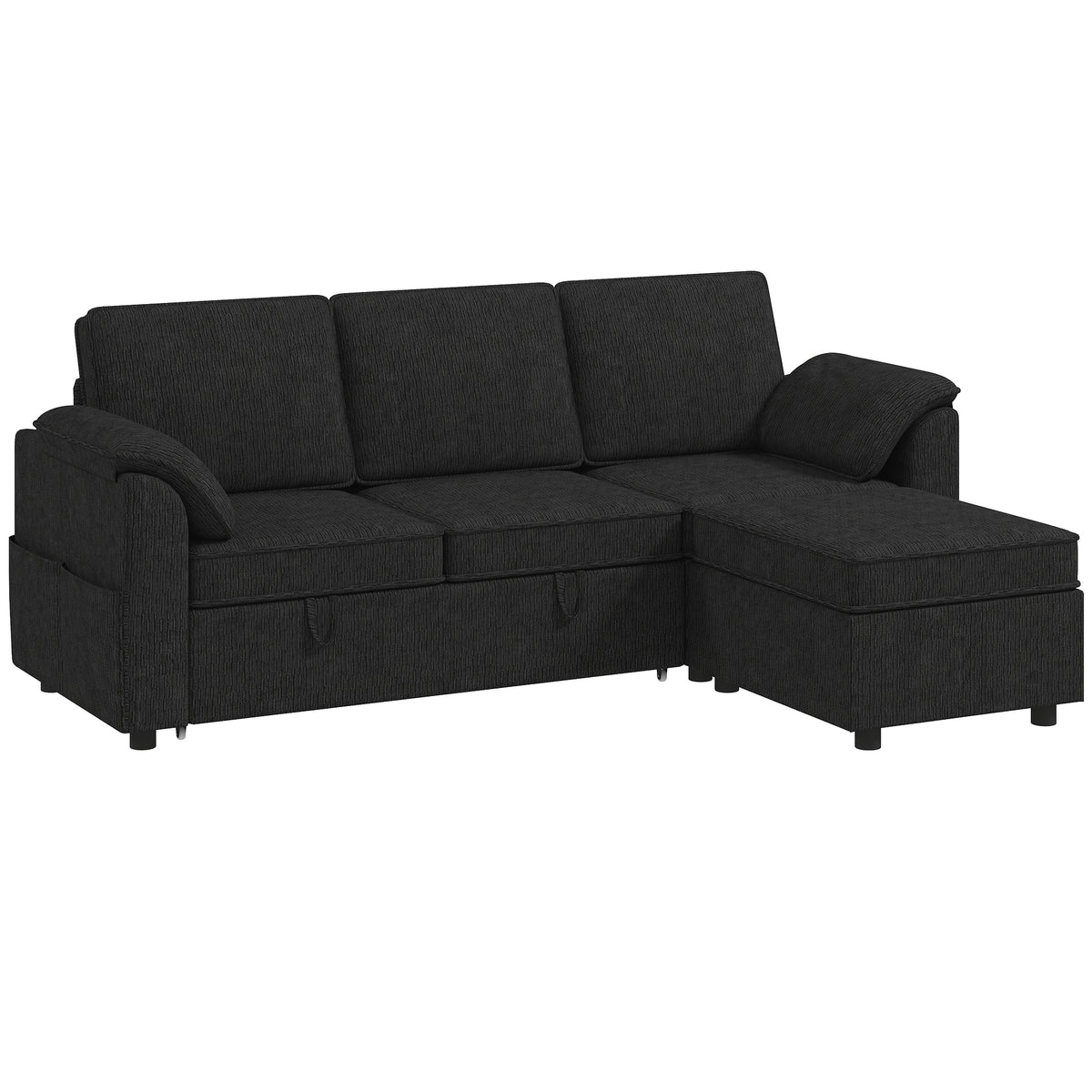 Sectional Sofa Bed, L-Shaped Sleeper Sofa with Reversible Pull Out Couch Bed, Storage Ottoman, Side Pockets, Cushions, Chenille Fabric, Black