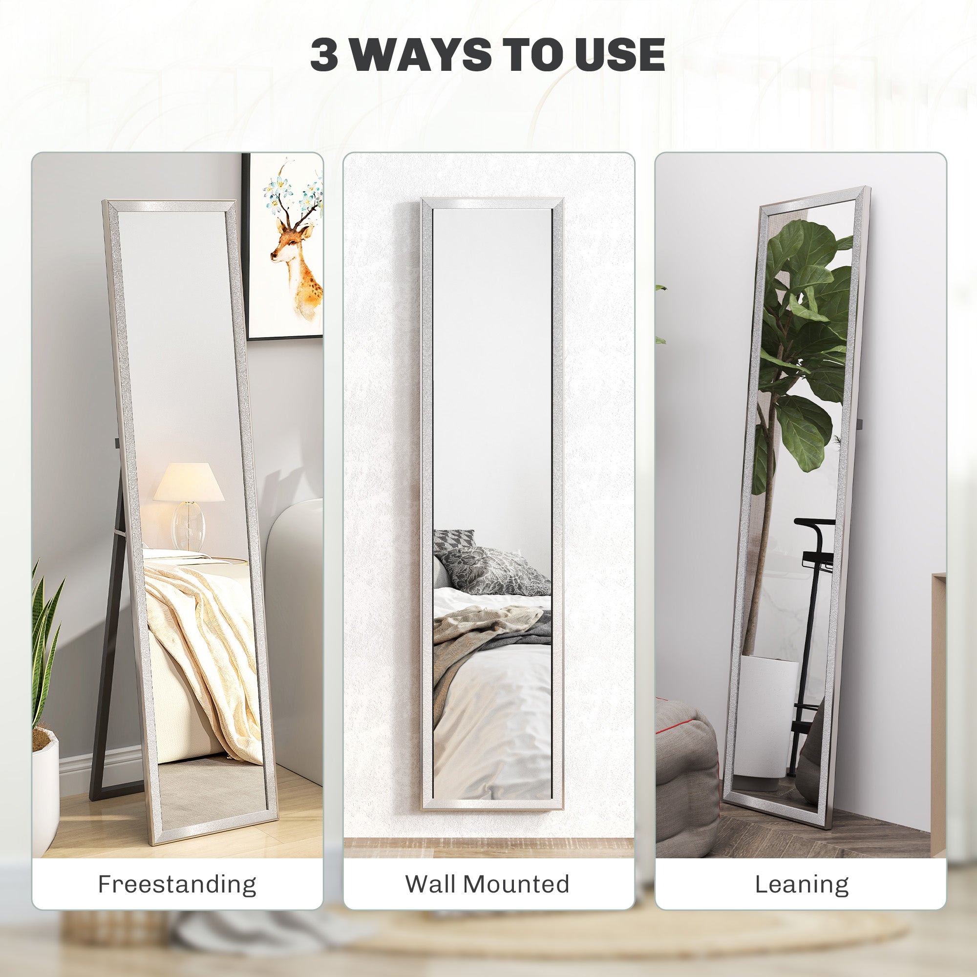 HOMCOM Full Length Mirror, 37 x 157cm Wall Mounted, Leaning, Free Standing Mirror, Framed Full Body Mirror for Living Room, Bedroom, Silver