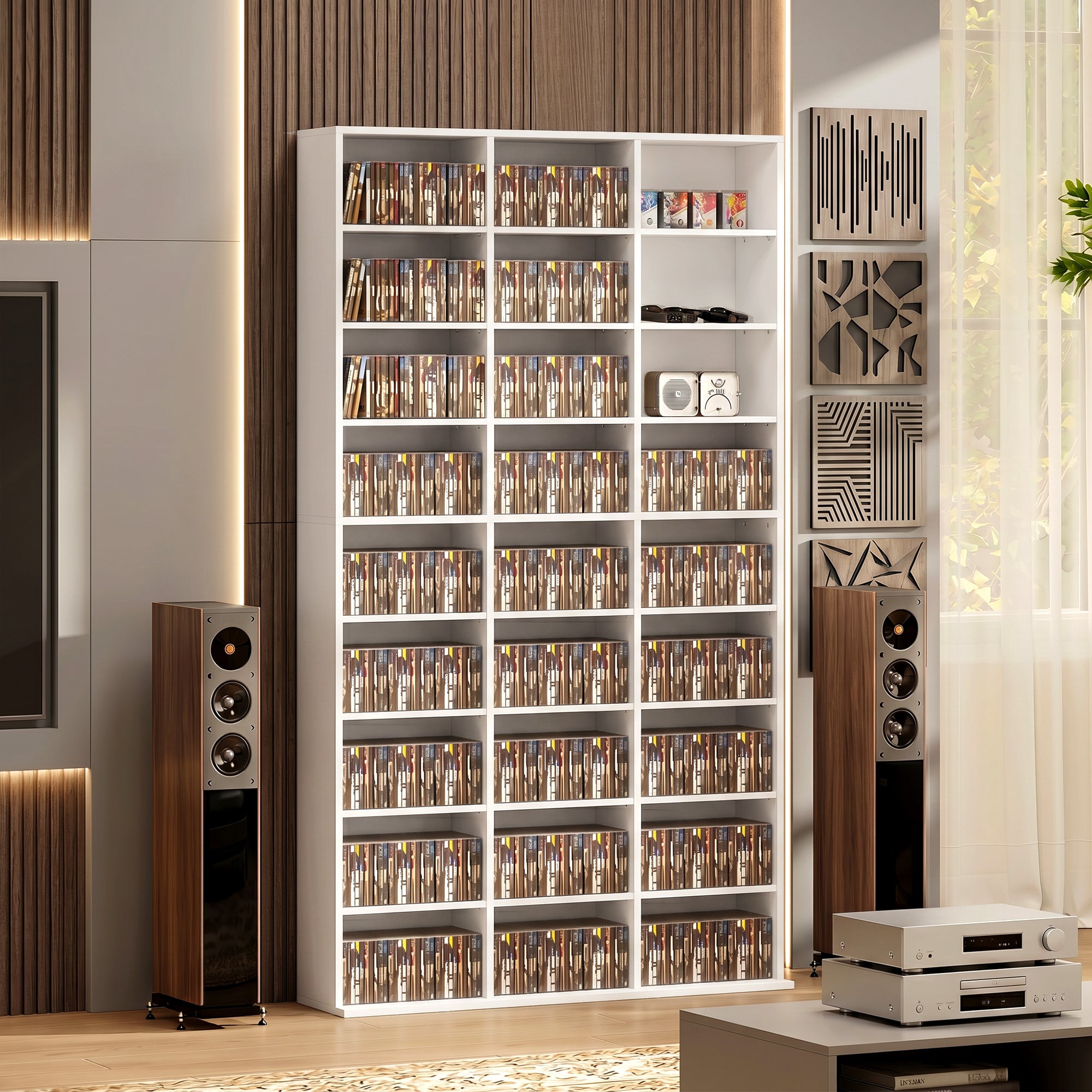 835 CD/500 DVD Storage Unit, Blu-ray Media Storage Shelf with 27 Compartments and 21 Adjustable Shelves, CD Tower for Living Room, Bedroom, Office, White
