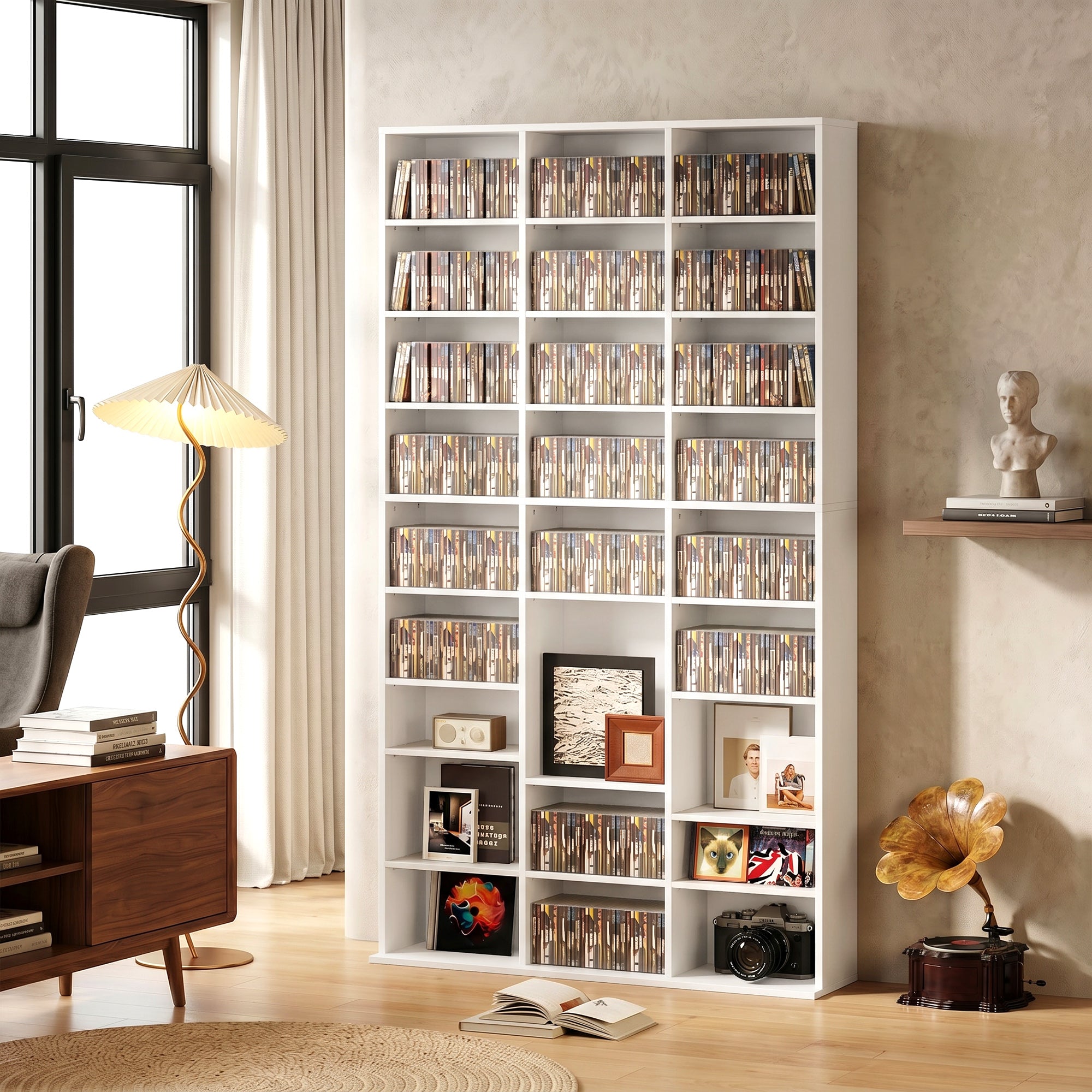835 CD/500 DVD Storage Unit, Blu-ray Media Storage Shelf with 27 Compartments and 21 Adjustable Shelves, CD Tower for Living Room, Bedroom, Office, White