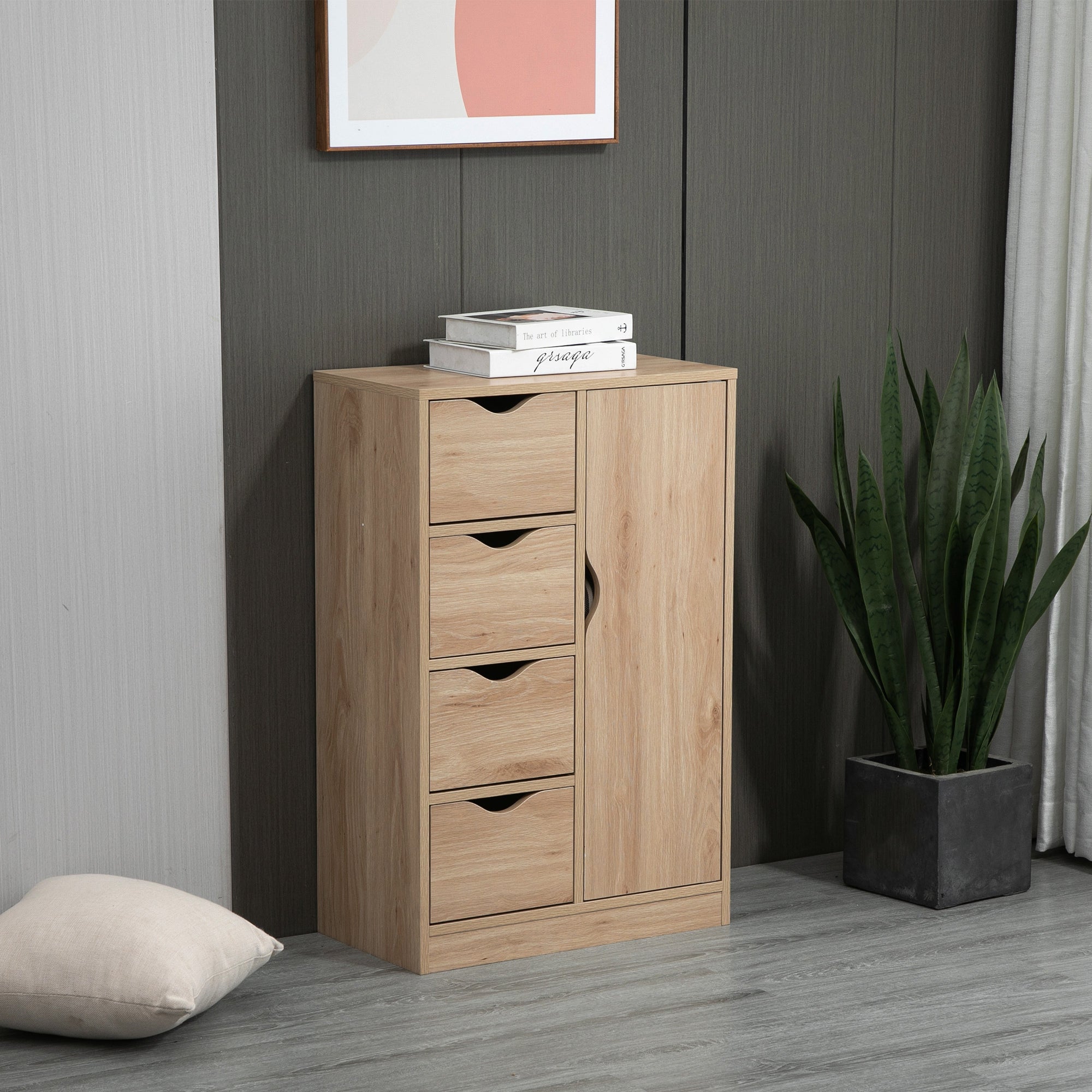 HOMCOM Bathroom Floor Cabinet, Freestanding Storage Unit with 4 Drawers and Door Cupboard for Living Room, Kitchen, Bedroom, Natural