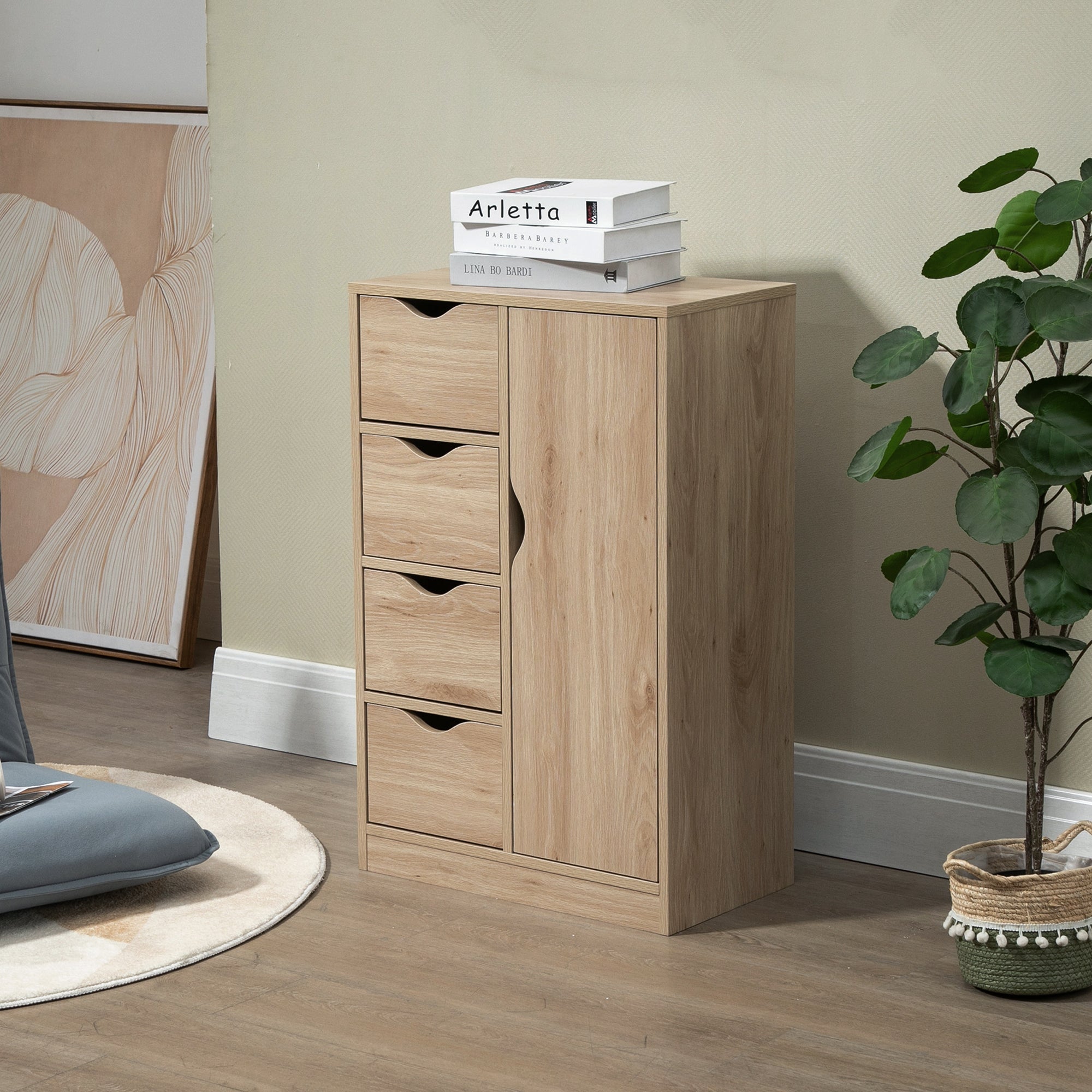 HOMCOM Bathroom Floor Cabinet, Freestanding Storage Unit with 4 Drawers and Door Cupboard for Living Room, Kitchen, Bedroom, Natural