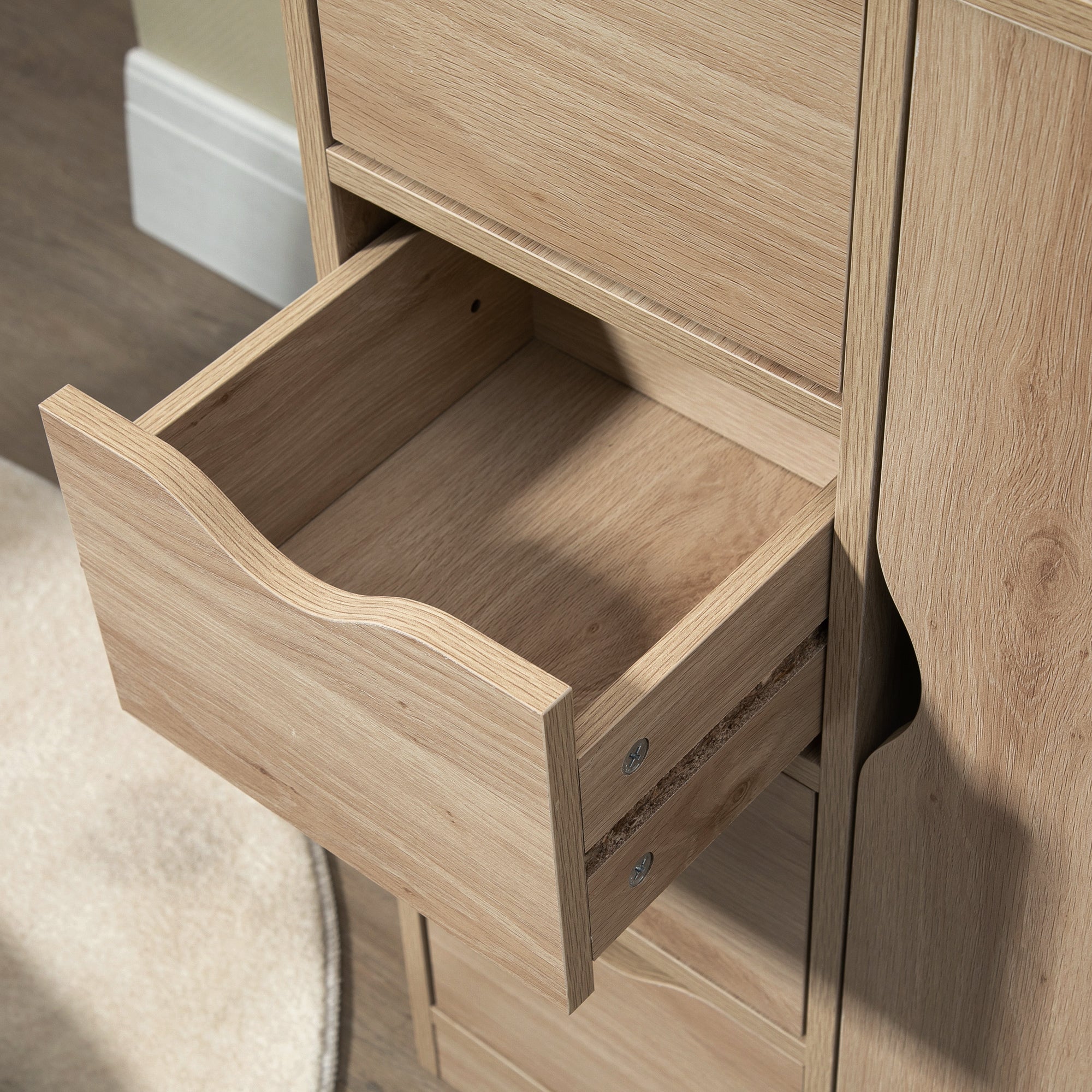 HOMCOM Bathroom Floor Cabinet, Freestanding Storage Unit with 4 Drawers and Door Cupboard for Living Room, Kitchen, Bedroom, Natural