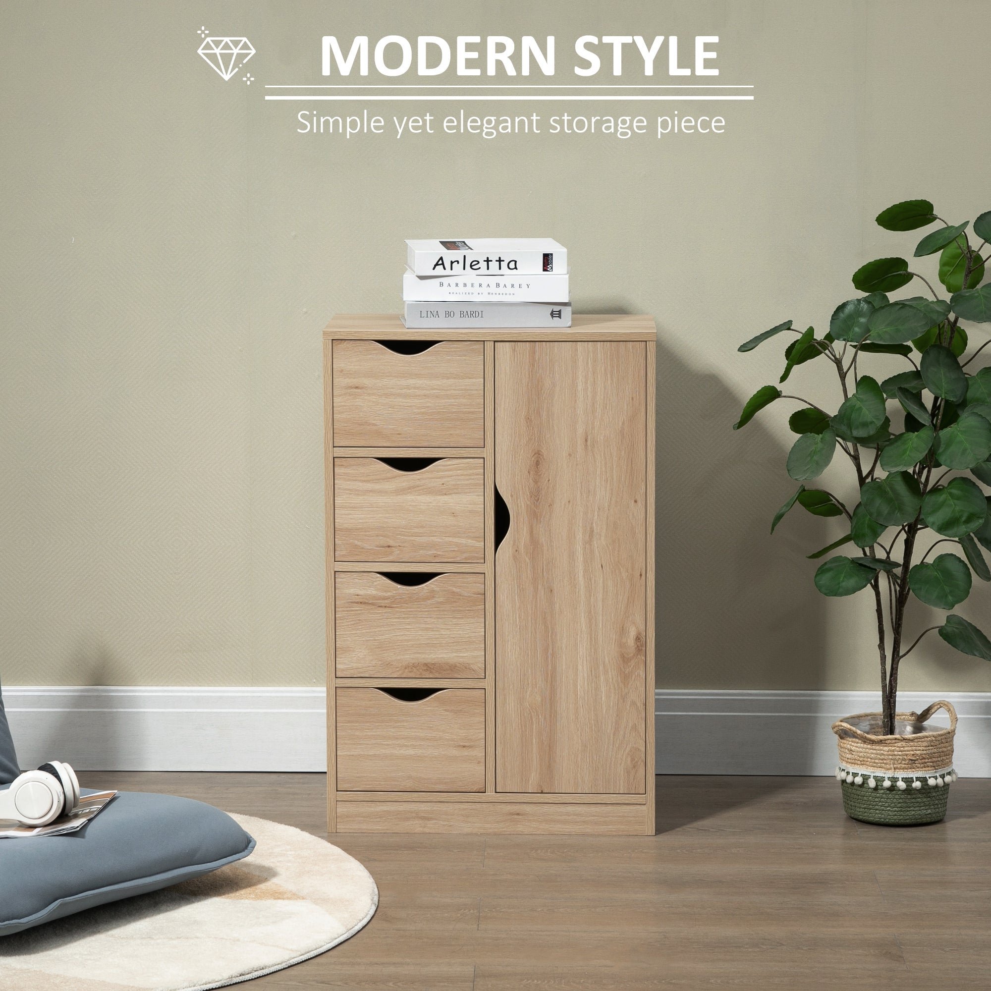 HOMCOM Bathroom Floor Cabinet, Freestanding Storage Unit with 4 Drawers and Door Cupboard for Living Room, Kitchen, Bedroom, Natural