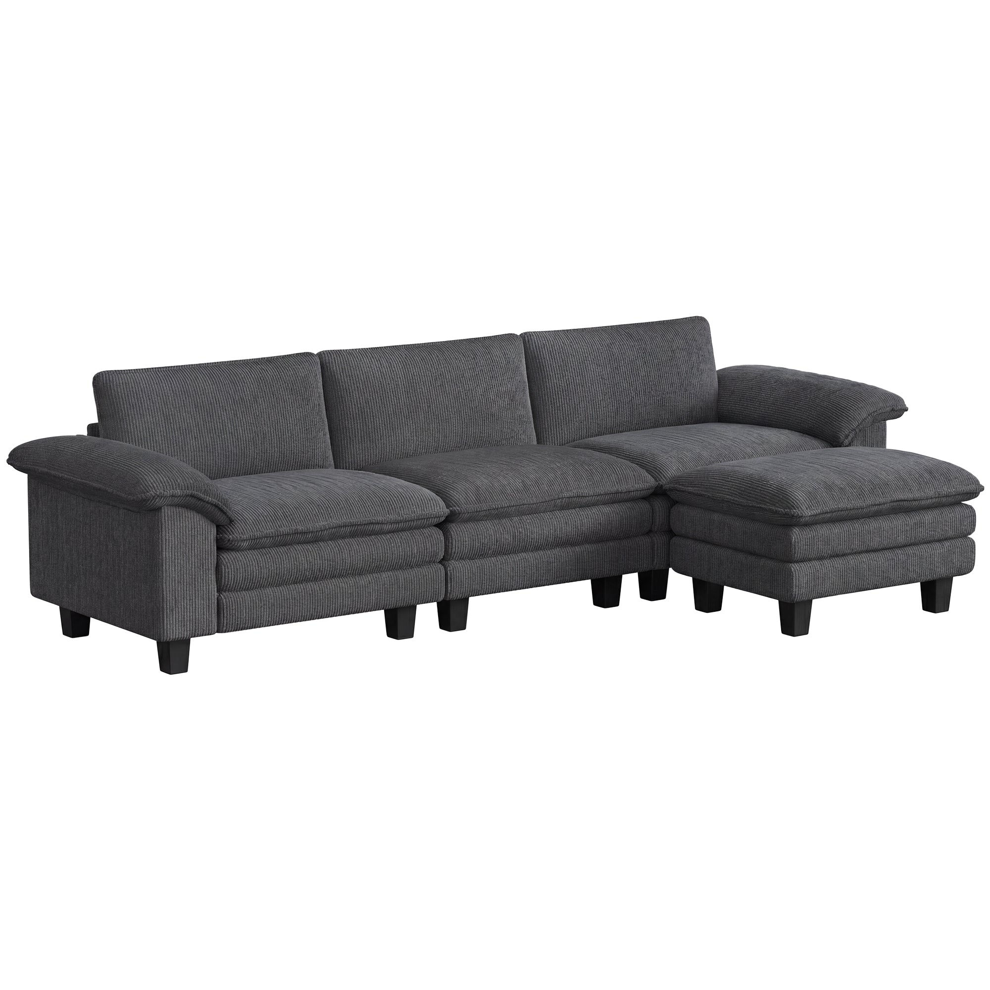 124" Sectional Sofa, L Shaped Couch with Deep Seat, Movable Ottoman and Pillow-top Armrests, Corduroy 3 Seat Sectional Couch for Living Room, 2200lb Capacity, Dark Gray