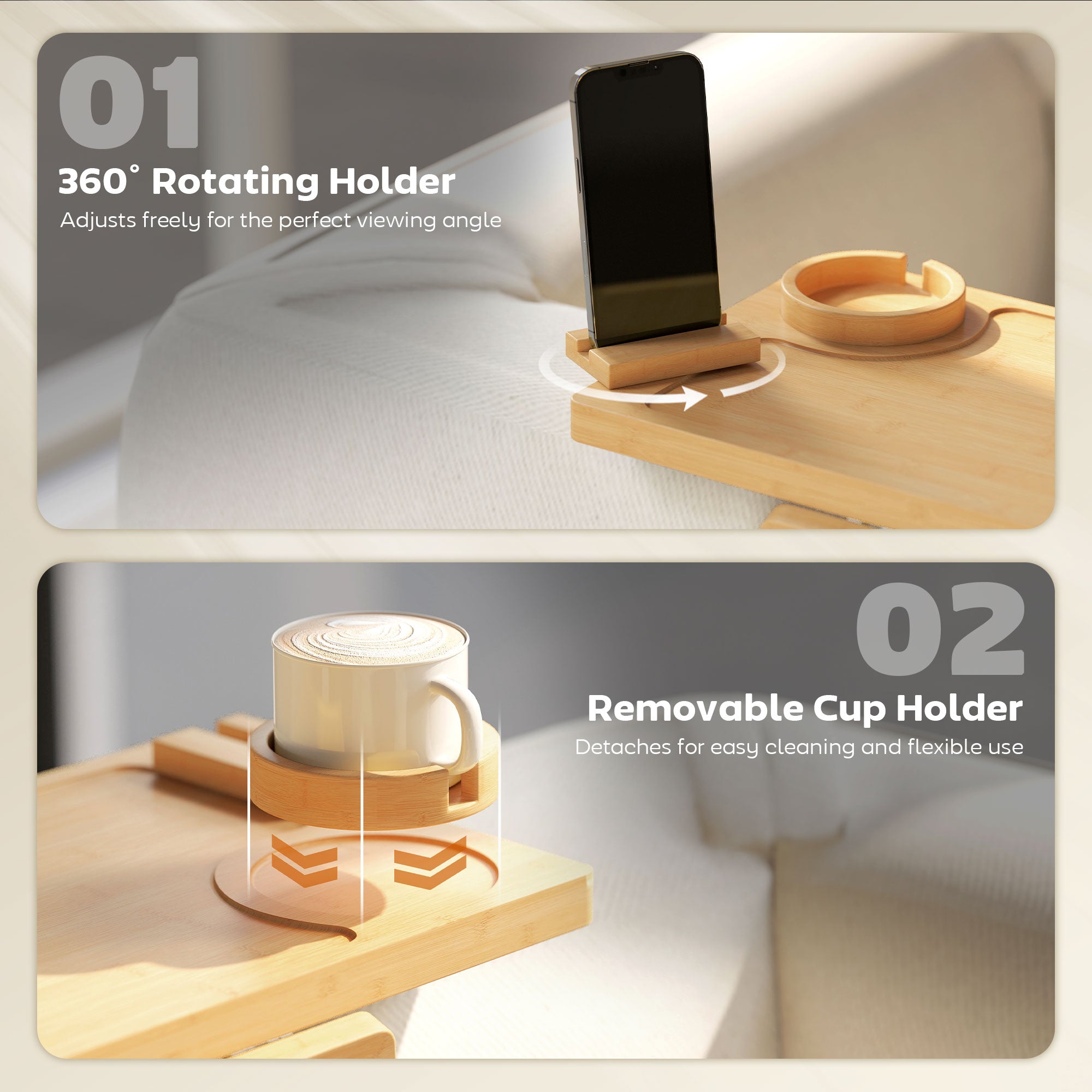 Bamboo Sofa Arm Tray, Anti-Slip Sofa Armrest Tray with 360° Phone Holder and Removable Cup Holder, Clip-On Armchair Table for Drinks, Snacks and Remote Control, Natural Wood Finish