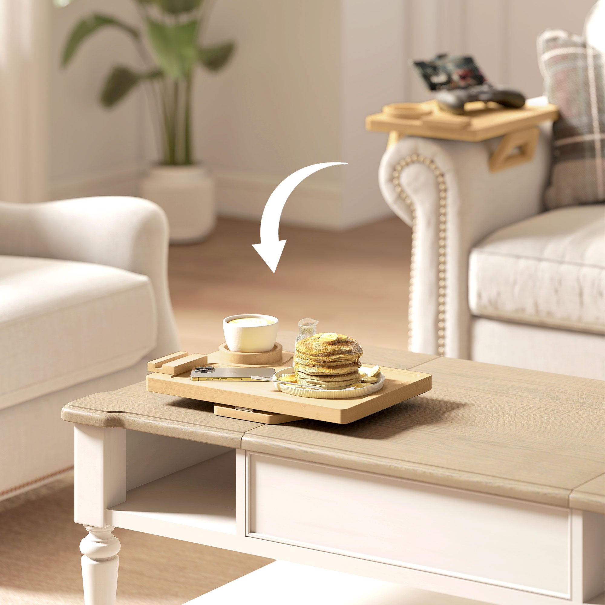 Bamboo Sofa Arm Tray, Anti-Slip Sofa Armrest Tray with 360° Phone Holder and Removable Cup Holder, Clip-On Armchair Table for Drinks, Snacks and Remote Control, Natural Wood Finish