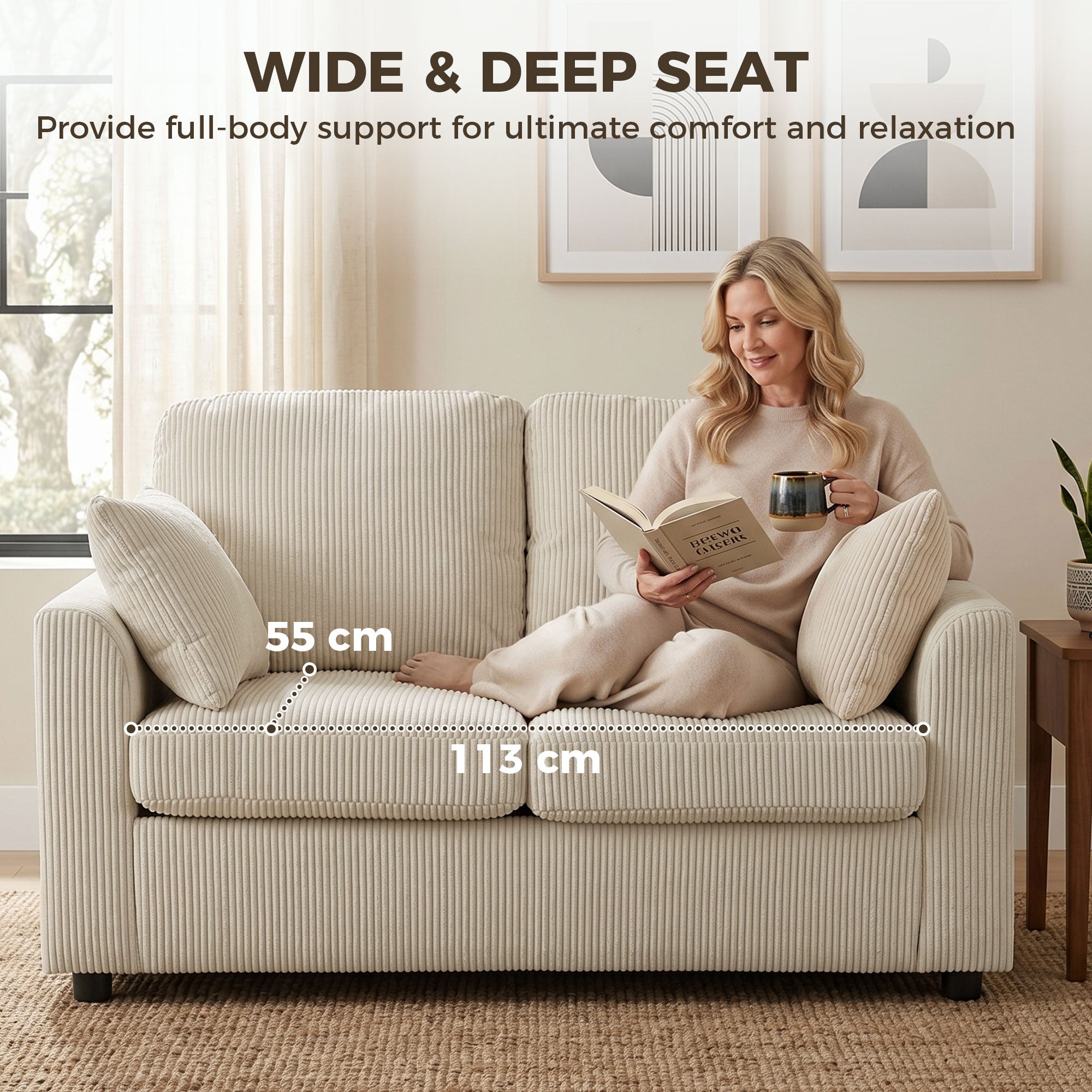 2 Seater Sofa, 144cm Corduroy Small Couch with Spring Cushion, Wide and Deep Seat, Plush Backrest, 2 Pillows, Loveseat Sofa Settee for Small Space, Living Room, Bedroom, Home Office, Beige