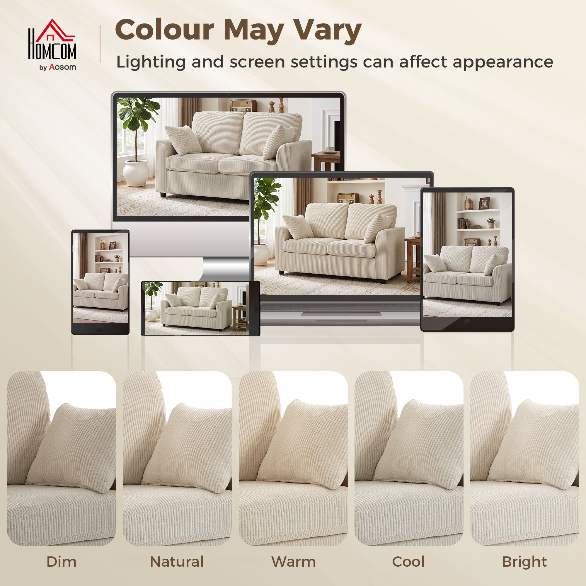 2 Seater Sofa, 144cm Corduroy Small Couch with Spring Cushion, Wide and Deep Seat, Plush Backrest, 2 Pillows, Loveseat Sofa Settee for Small Space, Living Room, Bedroom, Home Office, Beige
