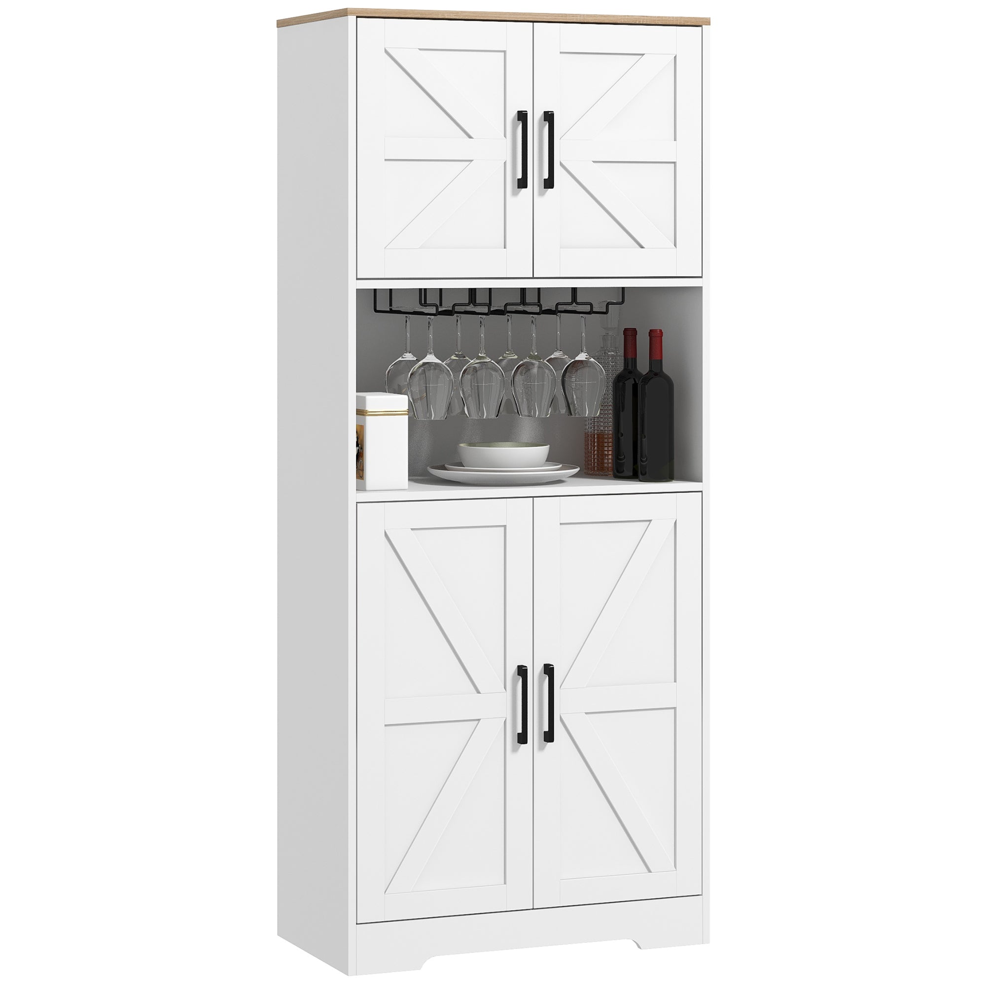 HOMCOM Kitchen Pantry Storage Cabinet, 68" Freestanding Hutch Cabinet with Microwave Oven Countertop, Farmhouse Doors, White