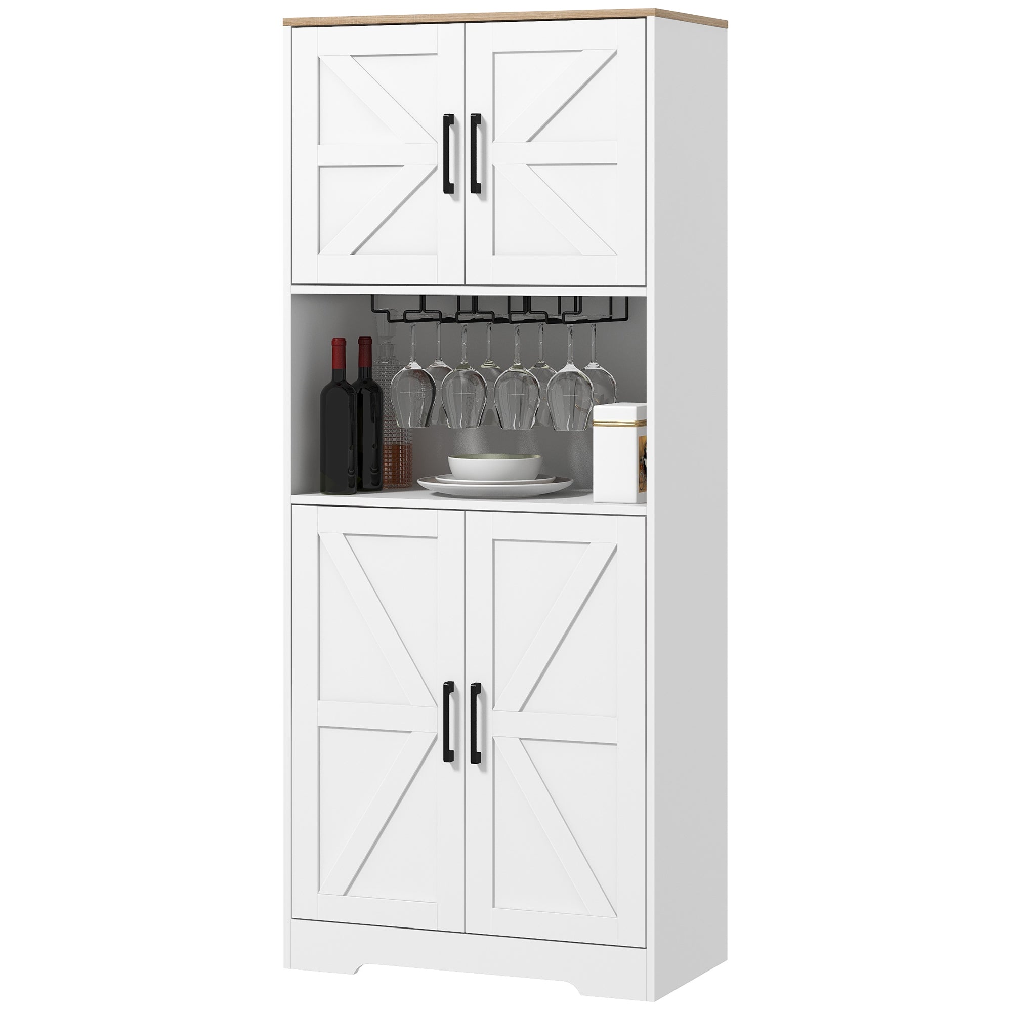 HOMCOM Kitchen Pantry Storage Cabinet, 68" Freestanding Hutch Cabinet with Microwave Oven Countertop, Farmhouse Doors, White