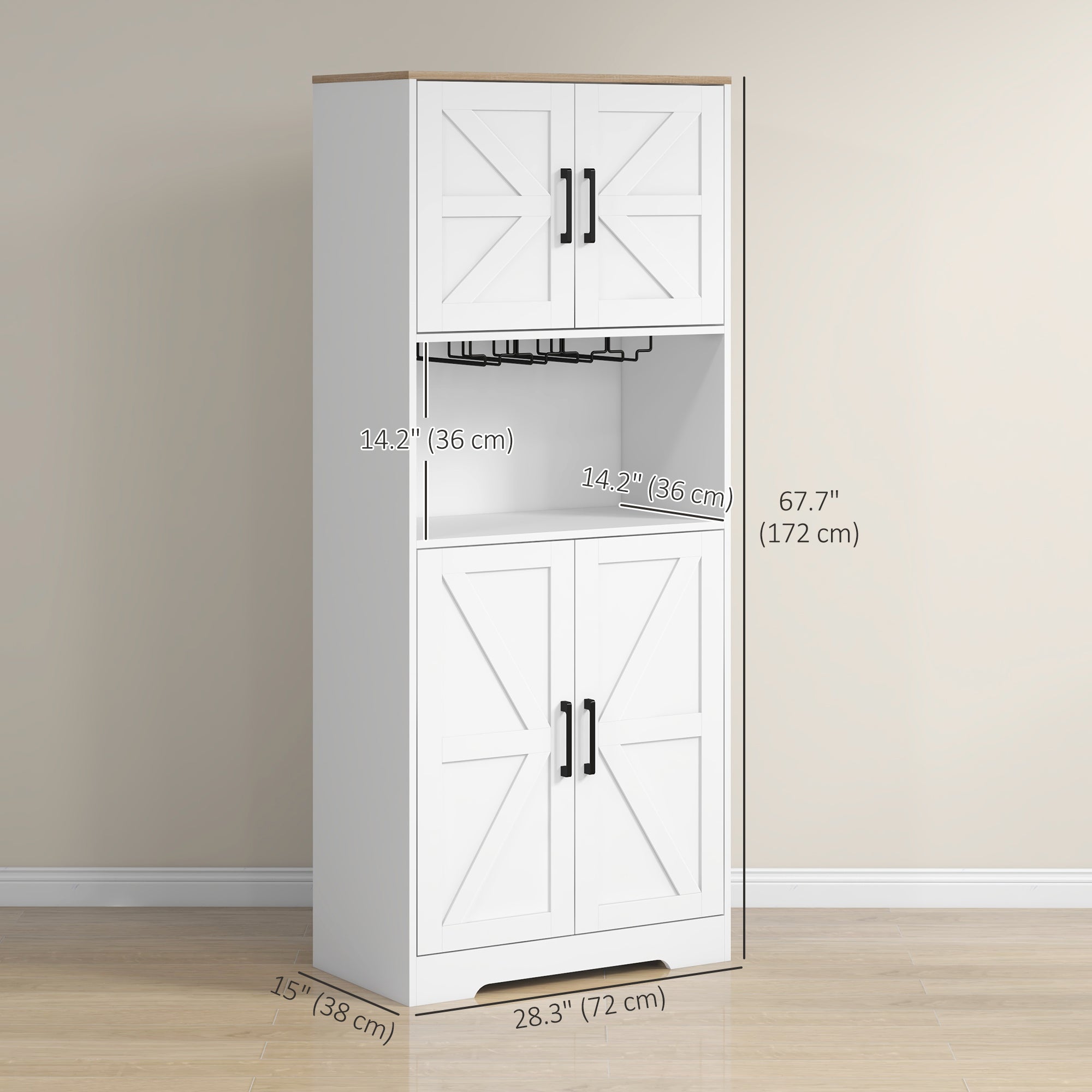 HOMCOM Kitchen Pantry Storage Cabinet, 68" Freestanding Hutch Cabinet with Microwave Oven Countertop, Farmhouse Doors, White