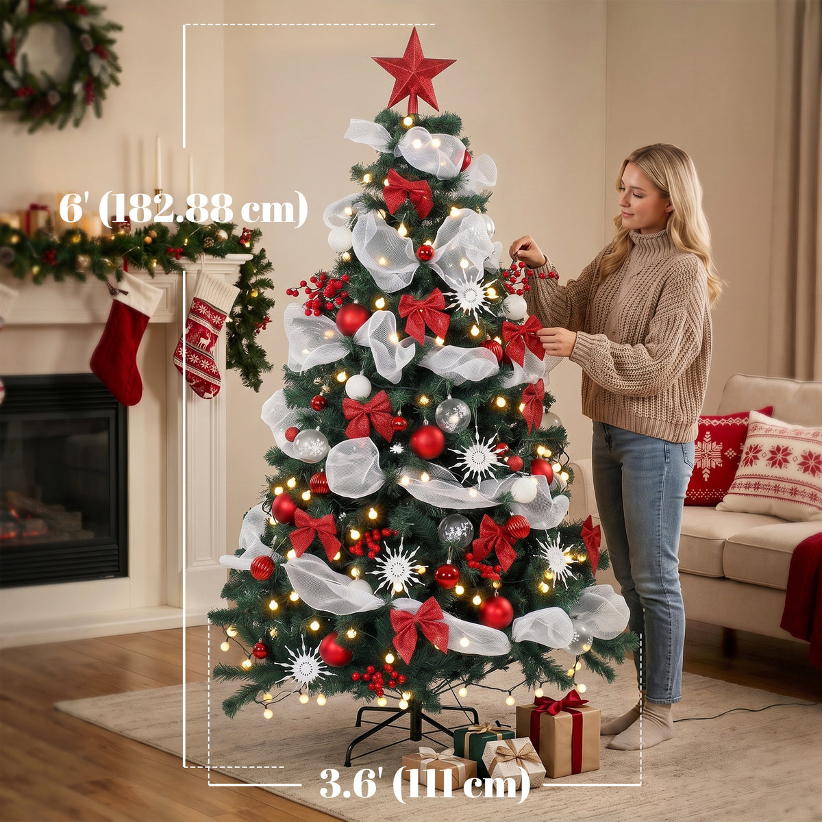 6ft Prelit Christmas Tree Spruce, Remote, Hinged, Artificial Xmas Tree with 8 Modes, 800 Tips, 200 LEDs, Balls, Ribbons, Bows, Foldable Metal Base, Green and Red
