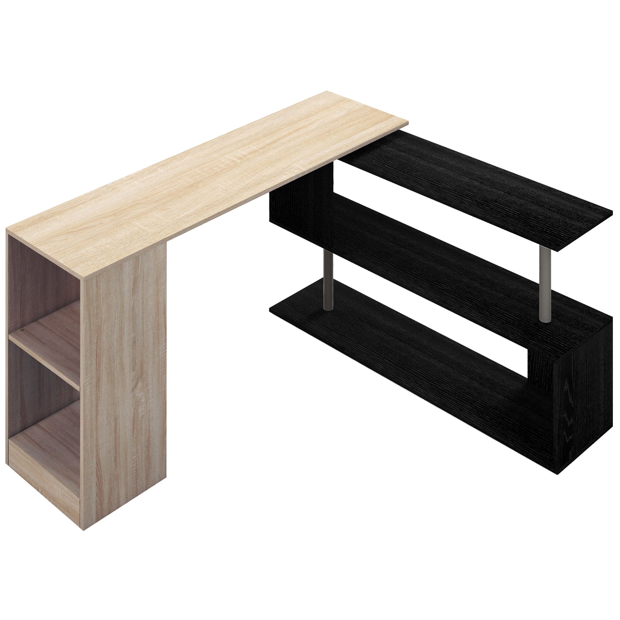 55" L-Shaped Desk, 360° Rotating Corner Computer Desk, Reversible Home Office Workstation with 3-Tier Storage Shelves, Bookshelf, Natural Wood