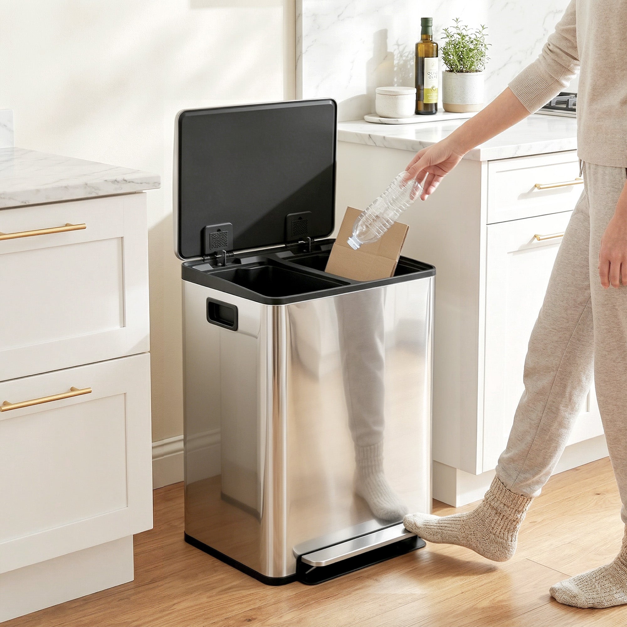 2 x 30L / 7.9 Gallon Dual Trash Can, Soft-Close Lid Stainless Steel Double Garbage Bin with Removable Inner Buckets and Handles for Kitchen, Office, Bathroom, Silver