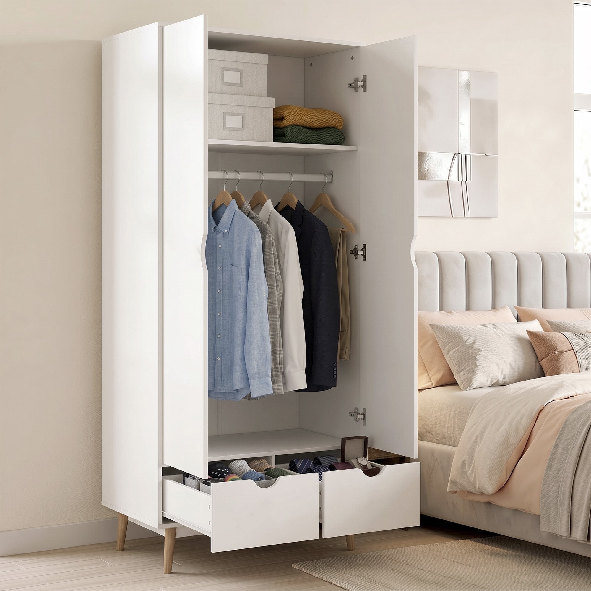 2-Door Clothes Wardrobe with Hanging Rail, Top Storage Shelf and 2 Drawers, Wood Feet, Elegant Home Storage Organisation Furniture for Dresses, Coats and Accessories, White