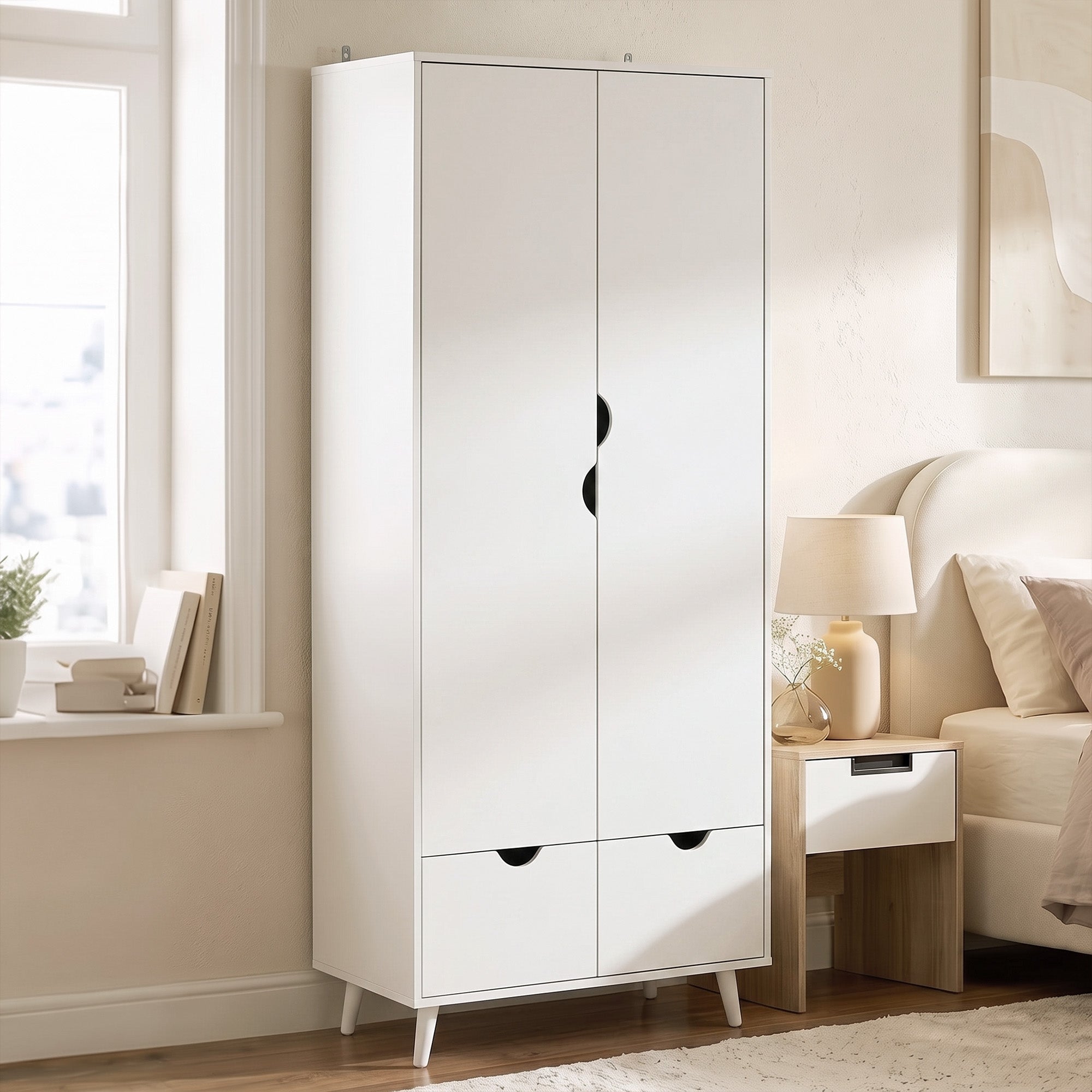 2-Door Clothes Wardrobe with Hanging Rail, Top Storage Shelf and 2 Drawers, Wood Feet, Elegant Home Storage Organisation Furniture for Dresses, Coats and Accessories, White