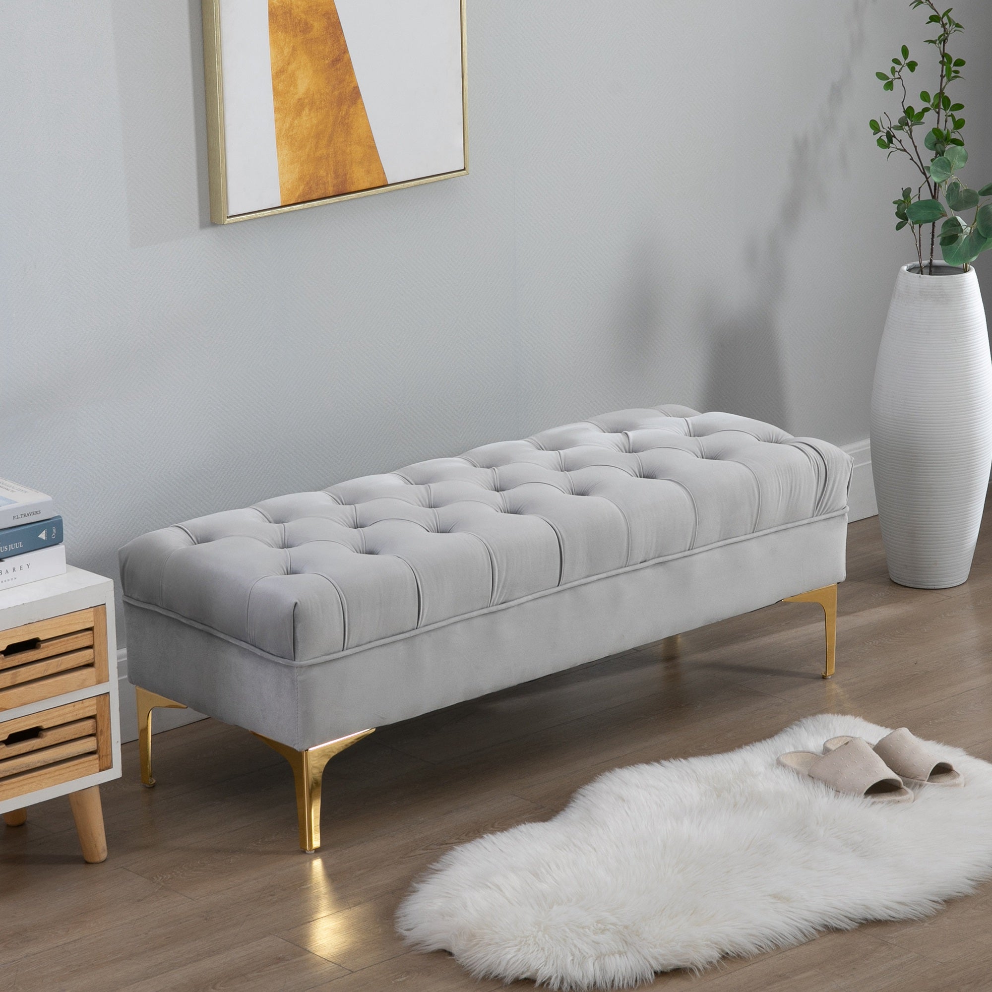 HOMCOM Velvet Upholstered Bench, End of Bed Bench, Entryway Shoe Bench with Button Tufted for Living Room, Bedroom, Grey