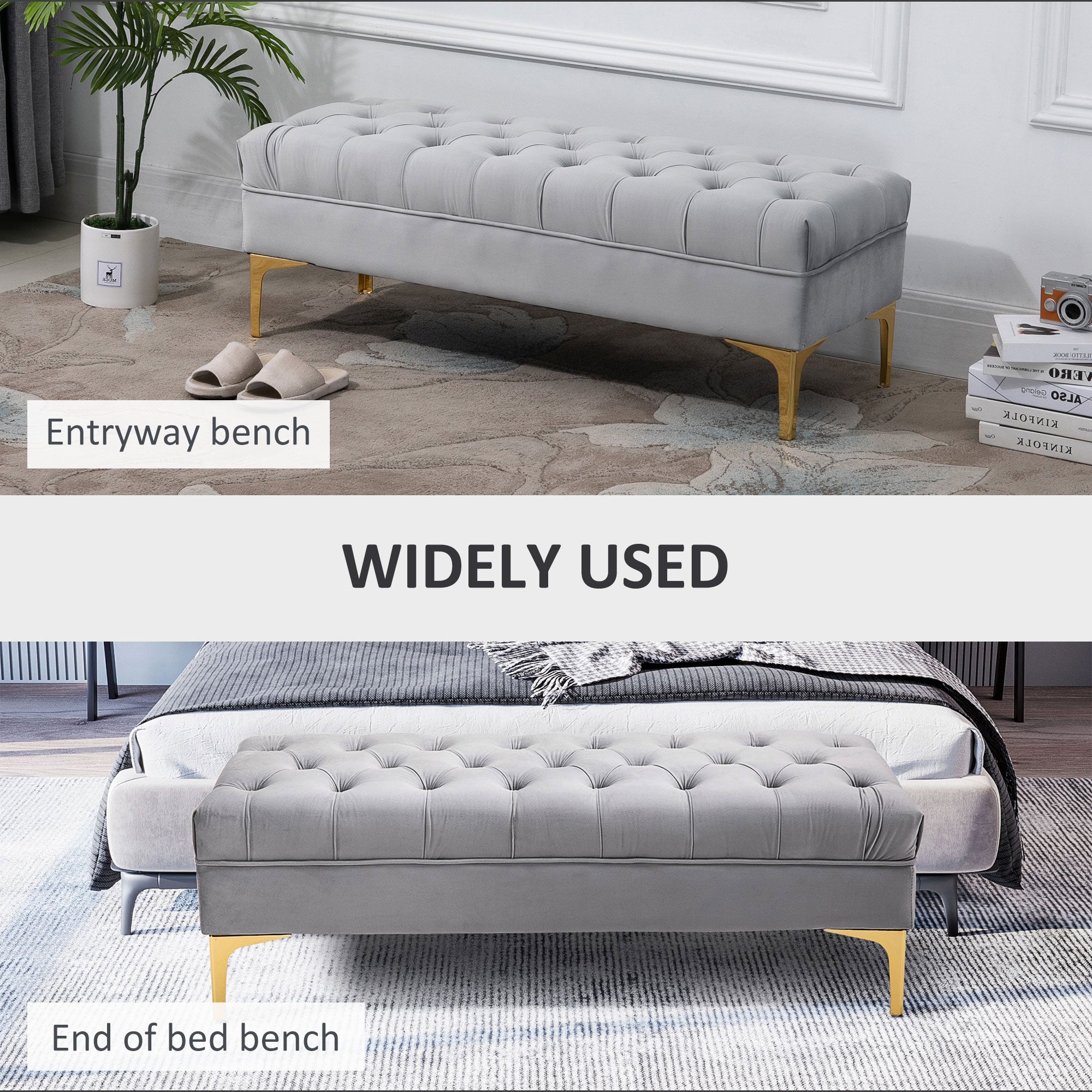 HOMCOM Velvet Upholstered Bench, End of Bed Bench, Entryway Shoe Bench with Button Tufted for Living Room, Bedroom, Grey