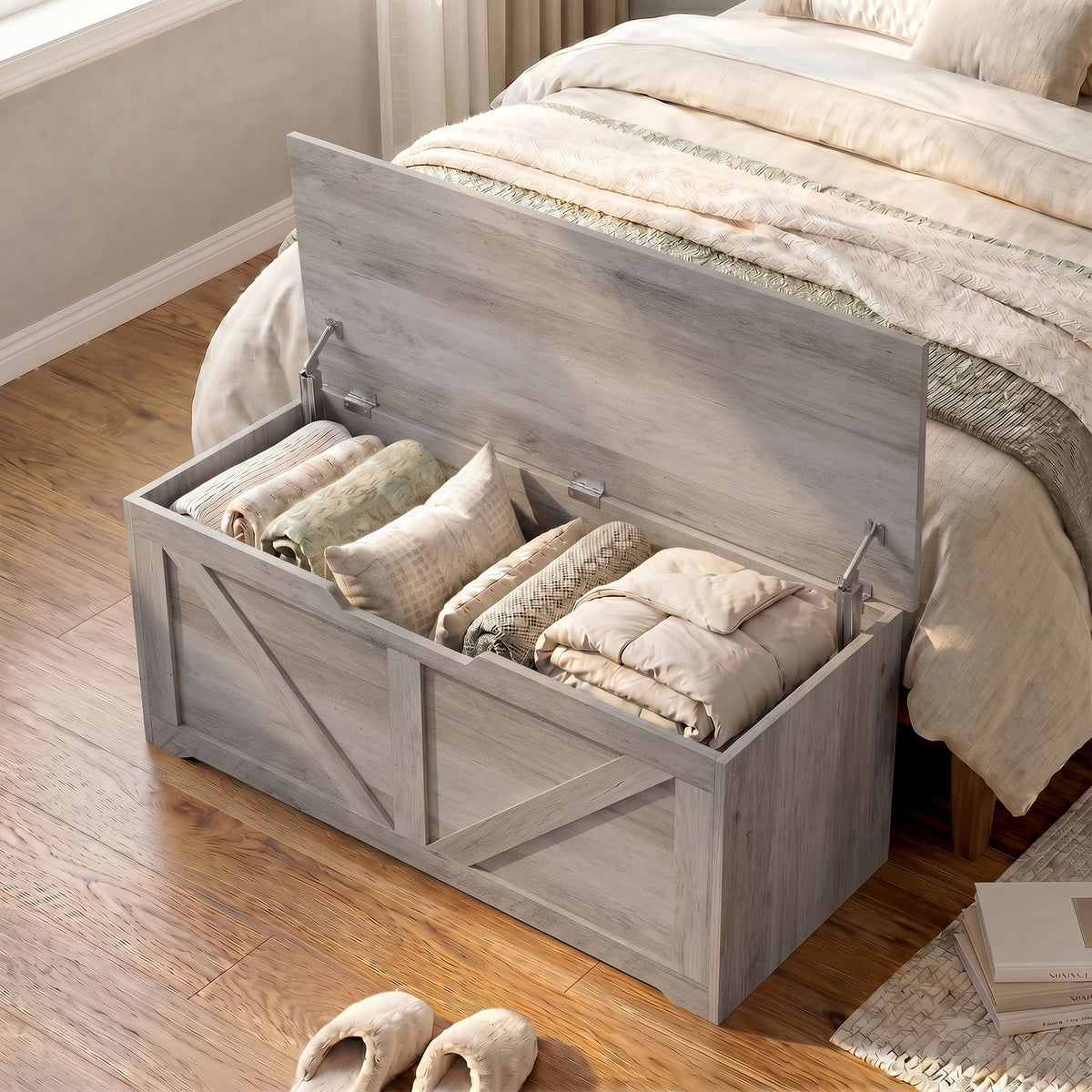 Storage Chest, Storage Bench with 2 Safety Hinges and U-shaped Cut-out Pull for Living Room, Entryway, 39.4" x 15.7" x 17.7", Supports 300 lbs, Grey Wood Grain