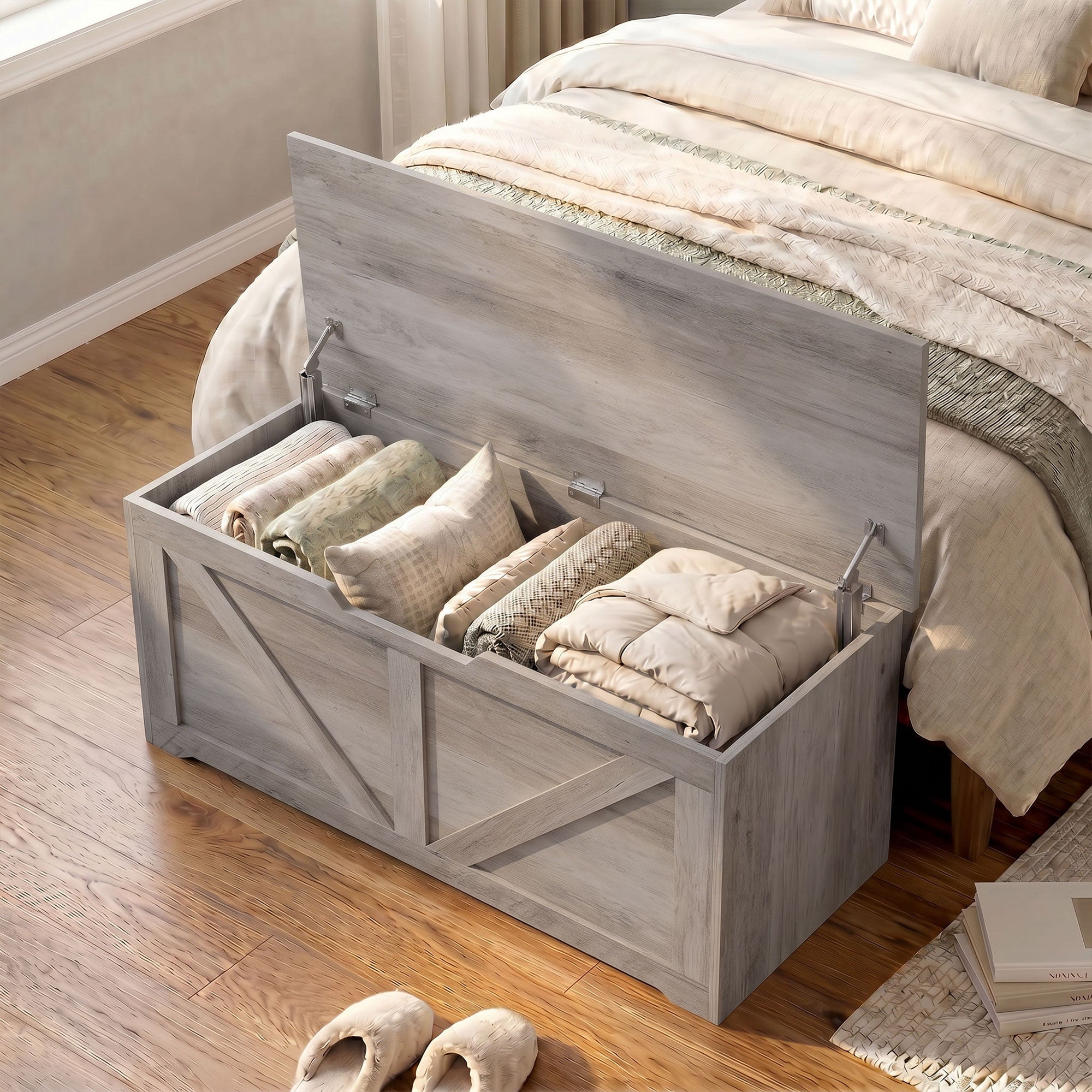 127L Storage Chest, Shoe Storage Trunk Bench Box with 2 Safety Hinges and U-shaped Cut-out Pull, Blanket Box Ottoman for Bedroom, Living Room, Entryway, 100 x 40 x 45 cm, Grey Wood-Effect