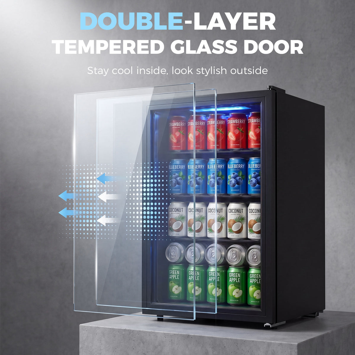 Beverage Refrigerator, 85 Can Mini Fridge with Glass Door, Auto-Defrost for Soda Beer, 2.1 Cu.Ft Freestanding Drink Fridge with LED Light for Home Office Bar, Black
