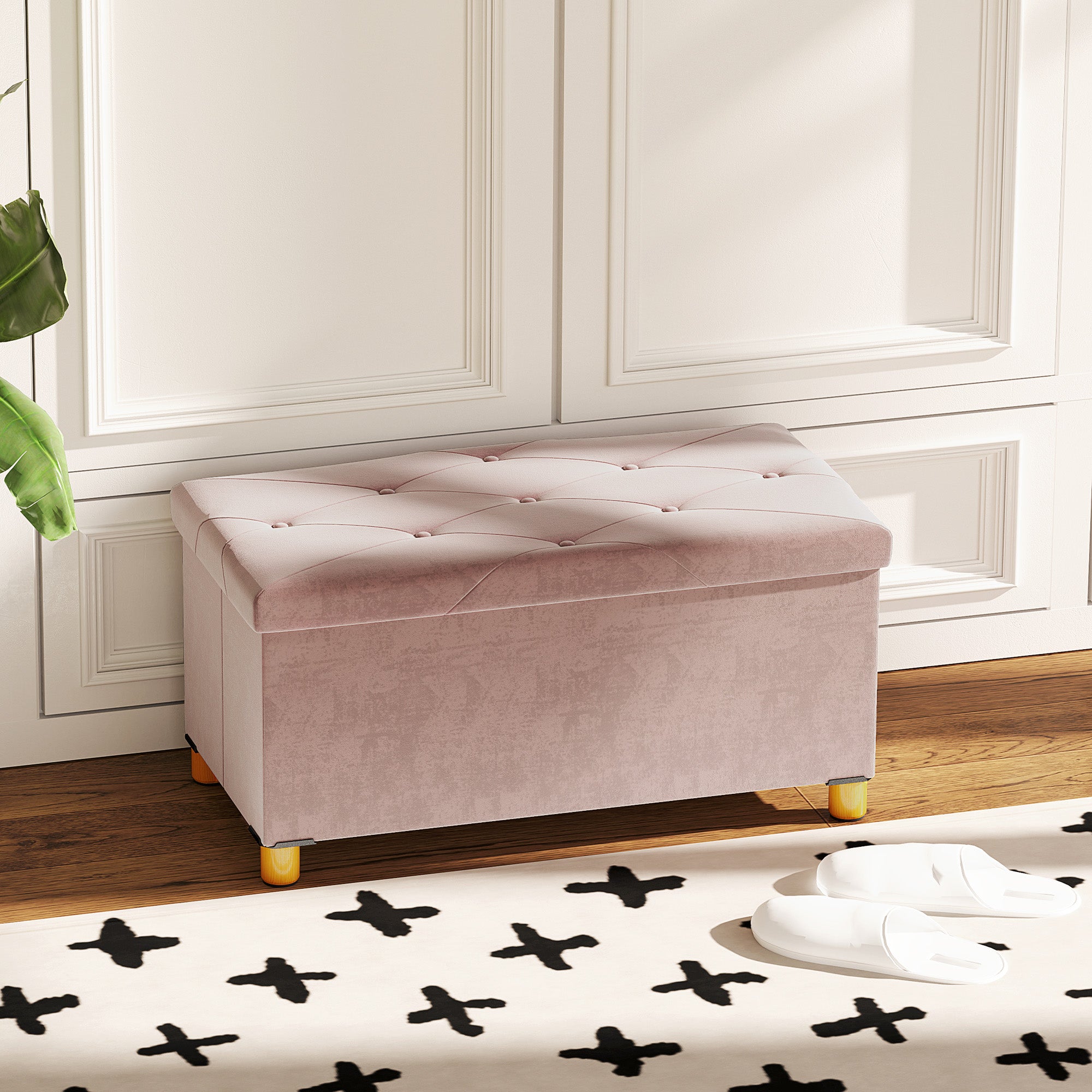 Storage Ottoman Bench, Velvet Upholstered Foldable Ottoman Footrest, Foot Stool with Wood Legs for Living Room, Bedroom, Entryway, Pink
