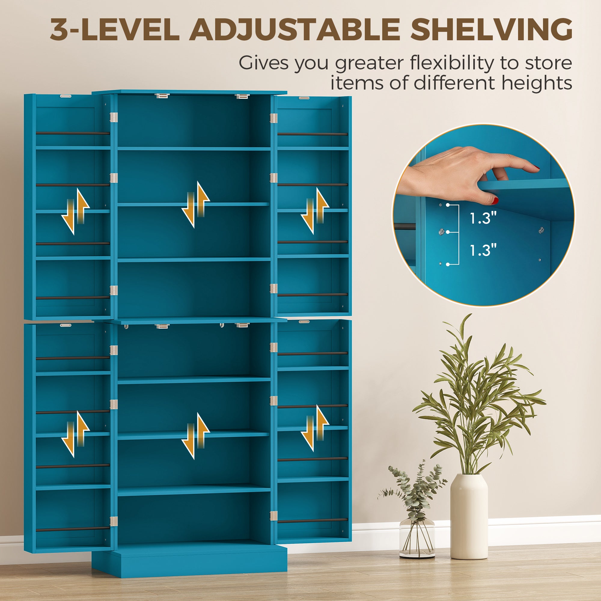 65" Kitchen Pantry Cabinet, Modern Storage Cabinet with Doors and Shelves, Freestanding Cupboard for Dining Room, Blue