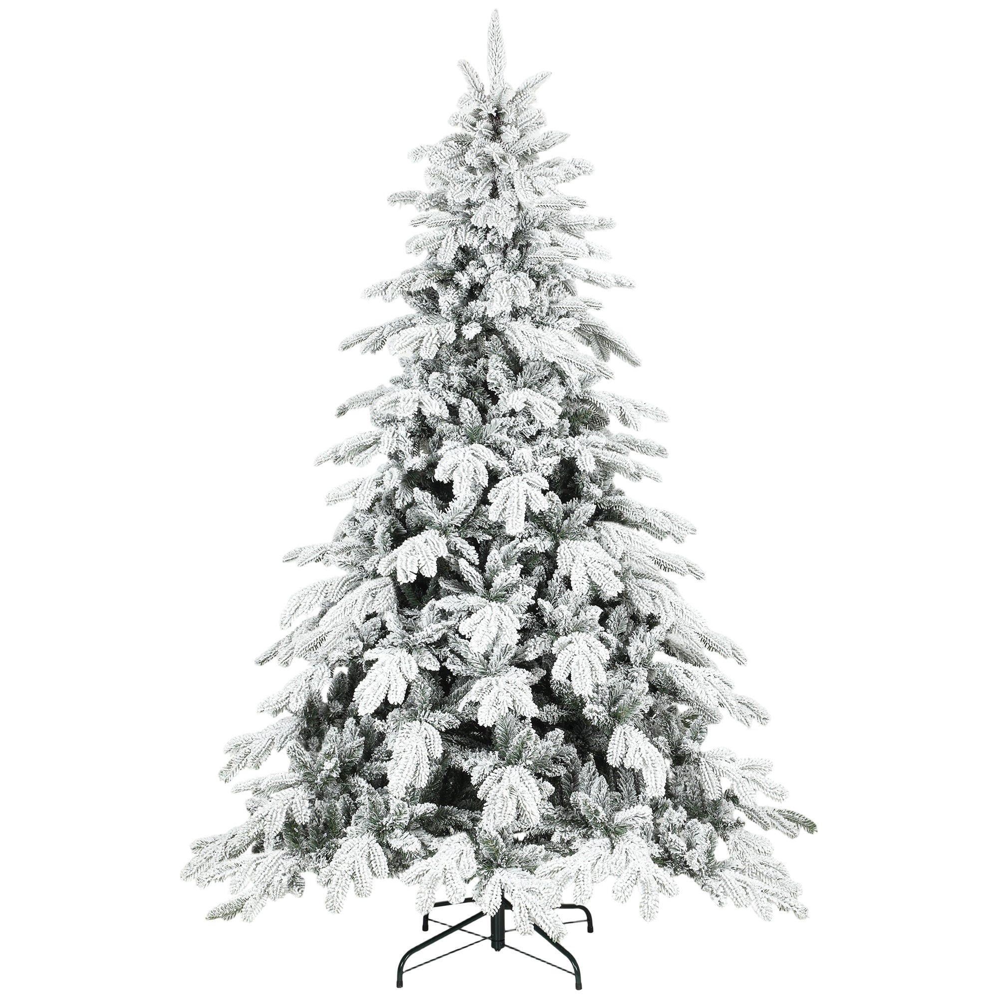 7ft Artificial Christmas Tree, Snow Flocked Christmas Tree with Realistic Dense Branches, Hinged Design, Metal Stand, Wide Shape, Easy Assembly, Xmas Home Decoration, Green White