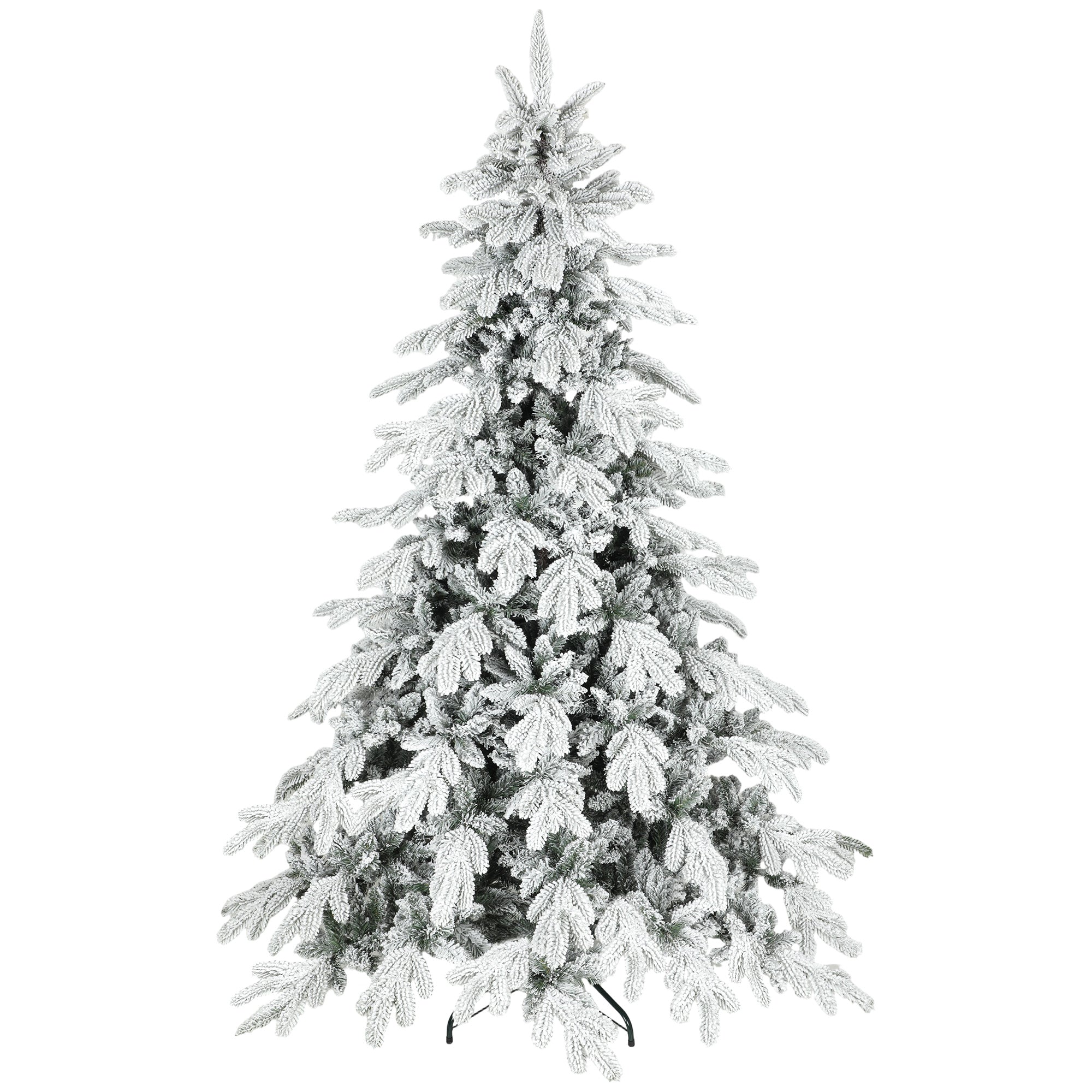 7ft Artificial Christmas Tree, Snow Flocked Christmas Tree with Realistic Dense Branches, Hinged Design, Metal Stand, Wide Shape, Easy Assembly, Xmas Home Decoration, Green White
