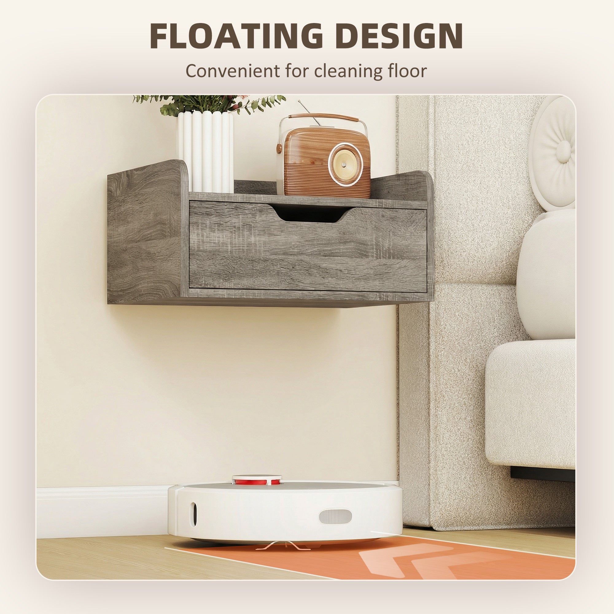 Floating Nightstands Set of 2, Wall Mounted Bedside Table with Storage Drawer for Bedroom, Grey Wood Effect