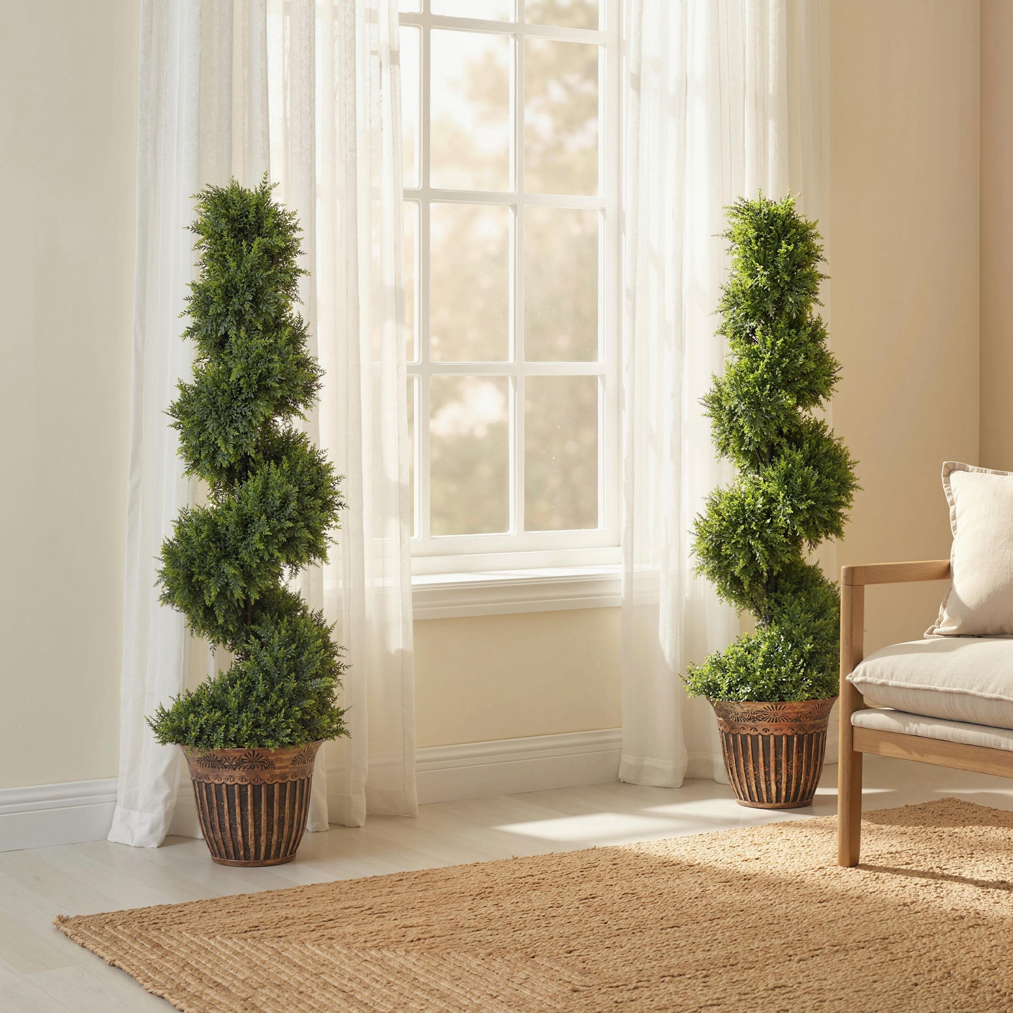 Set of 2 Decorative Artificial Plants Topiary Spiral Cypress Trees in Pot, Fake Plants for Home Indoor Outdoor Decor, 120cm, Green