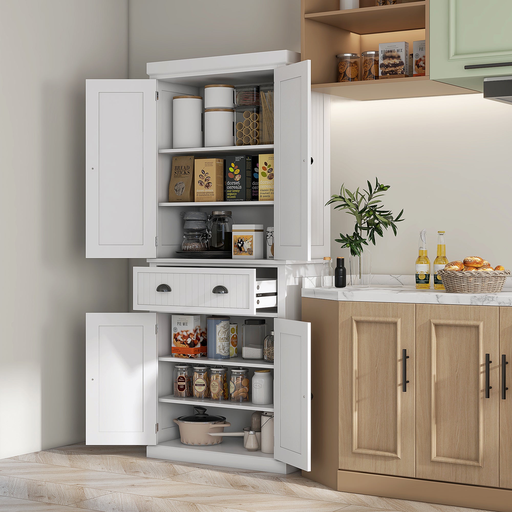 HOMCOM 183cm Freestanding Kitchen Cupboard, Tall Storage Cabinet with 4 Doors and 3 Adjustable Shelves, Traditional Kitchen Pantry Cupboard for Dining Room, White