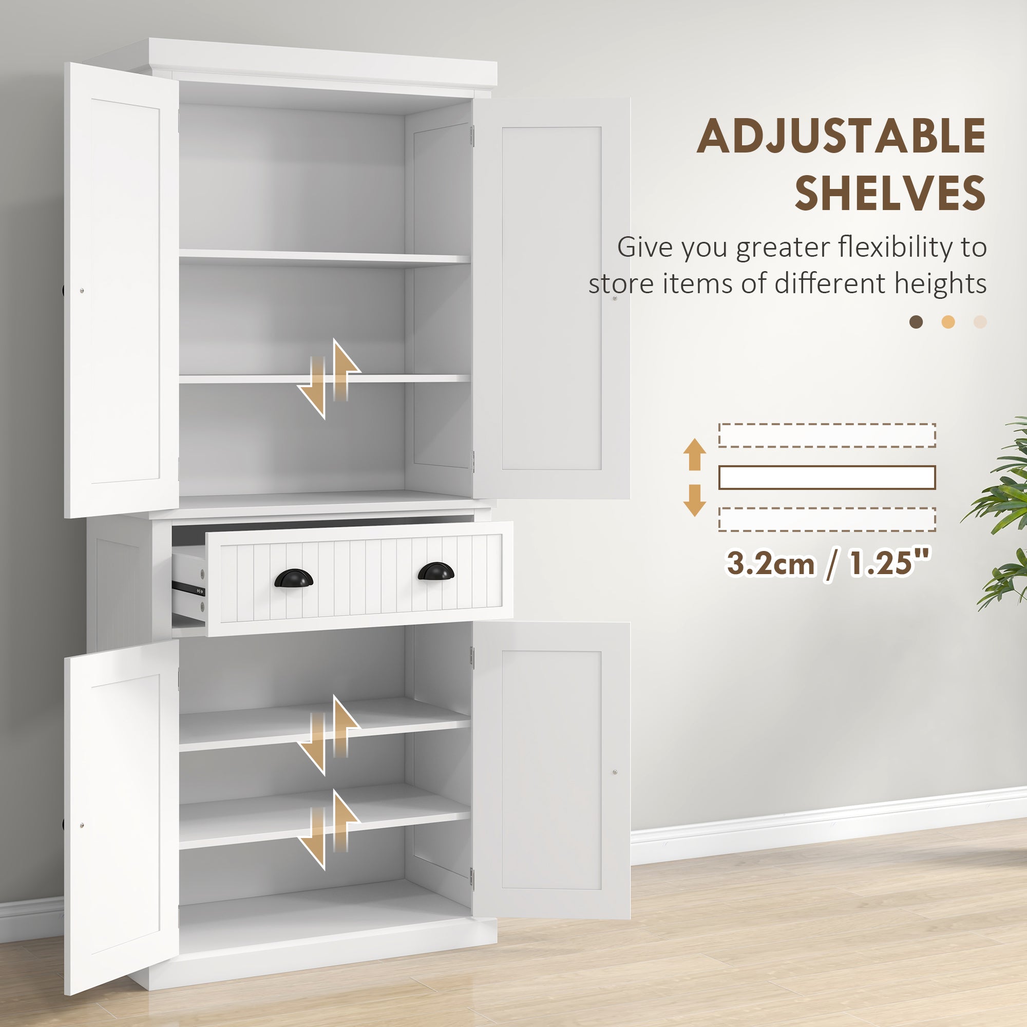 HOMCOM 183cm Freestanding Kitchen Cupboard, Tall Storage Cabinet with 4 Doors and 3 Adjustable Shelves, Traditional Kitchen Pantry Cupboard for Dining Room, White