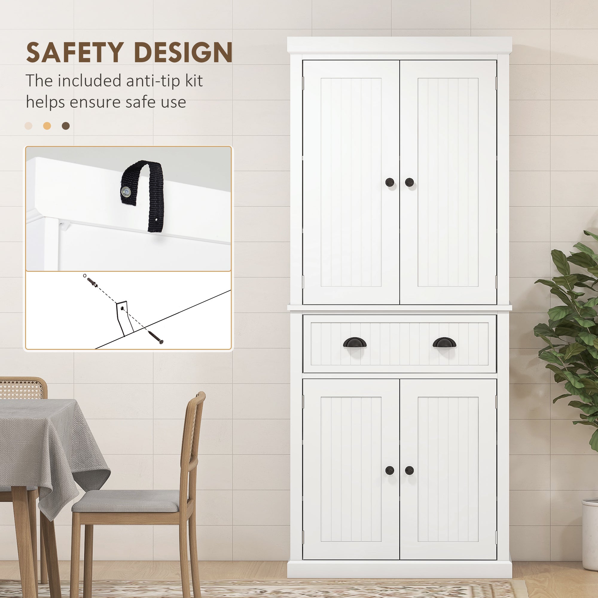 HOMCOM 183cm Freestanding Kitchen Cupboard, Tall Storage Cabinet with 4 Doors and 3 Adjustable Shelves, Traditional Kitchen Pantry Cupboard for Dining Room, White