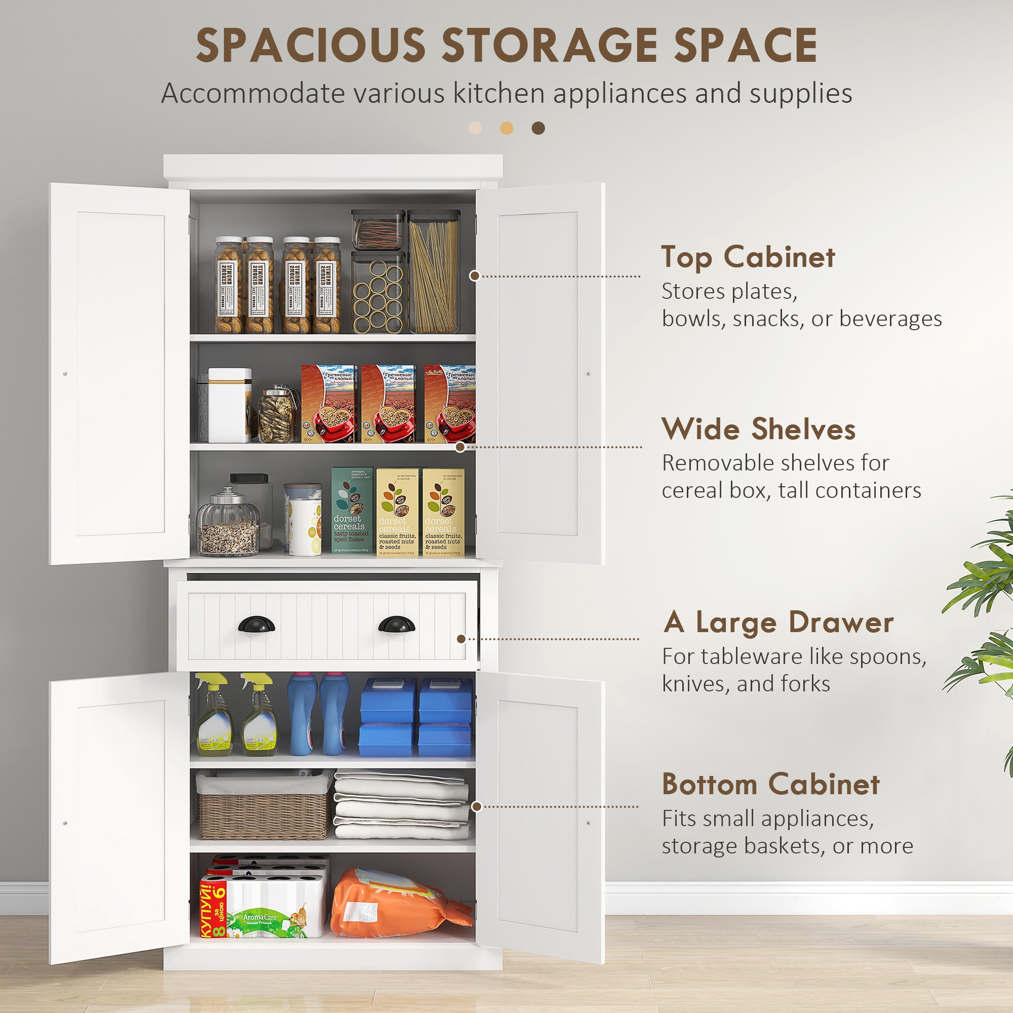 HOMCOM 183cm Freestanding Kitchen Cupboard, Tall Storage Cabinet with 4 Doors and 3 Adjustable Shelves, Traditional Kitchen Pantry Cupboard for Dining Room, White