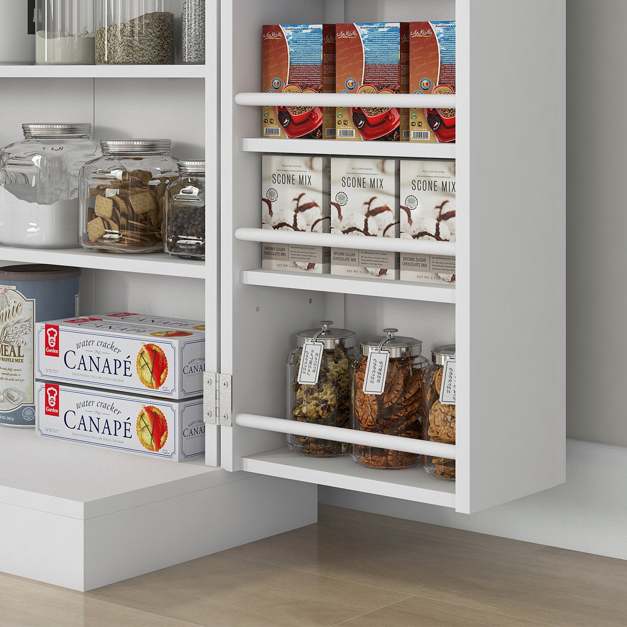 Freestanding Kitchen Pantry, Kitchen Storage Cabinet with 5-Tier Shelf, 12 Spice Racks, Adjustable Shelves, White