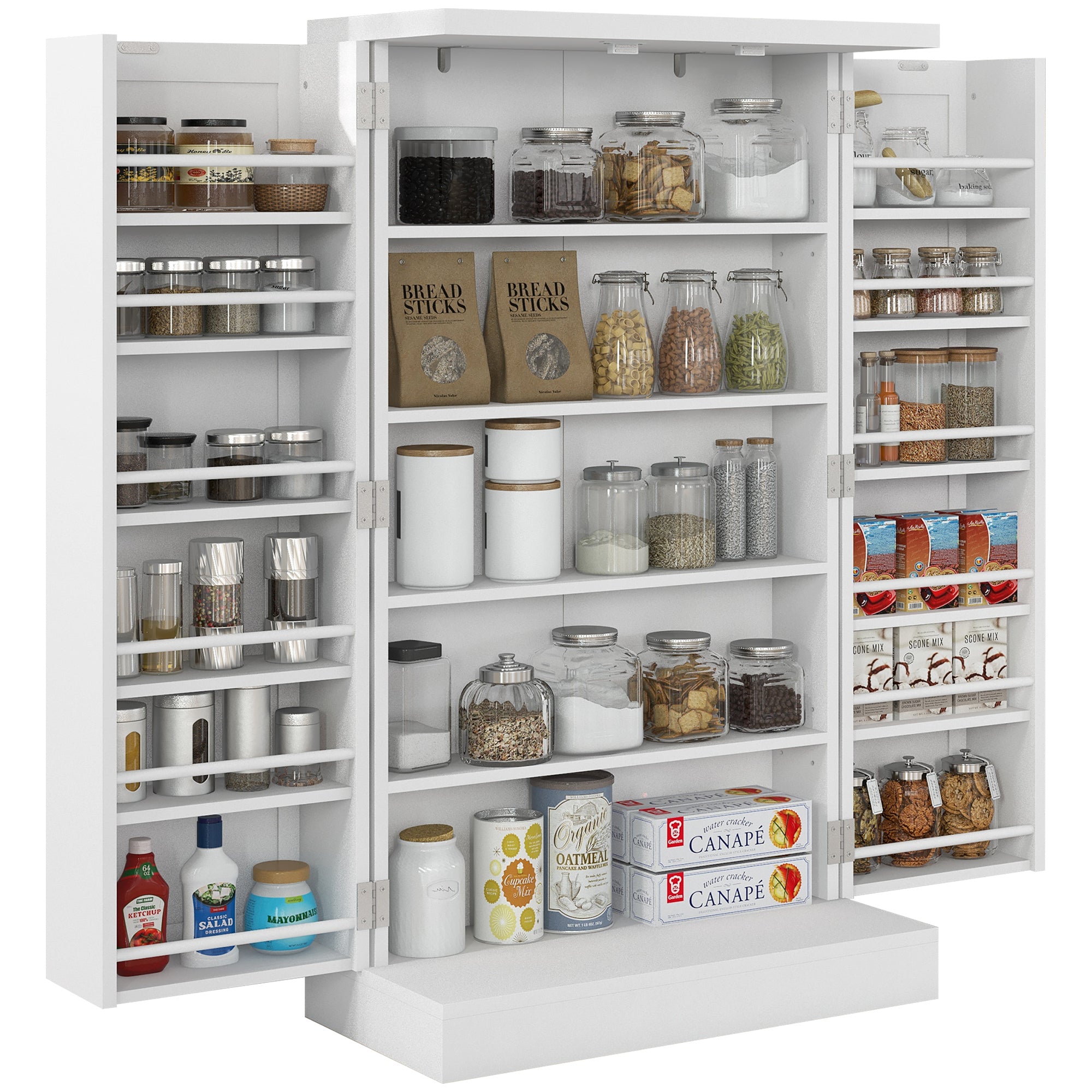 Freestanding Kitchen Pantry, Kitchen Storage Cabinet with 5-Tier Shelf, 12 Spice Racks, Adjustable Shelves, White