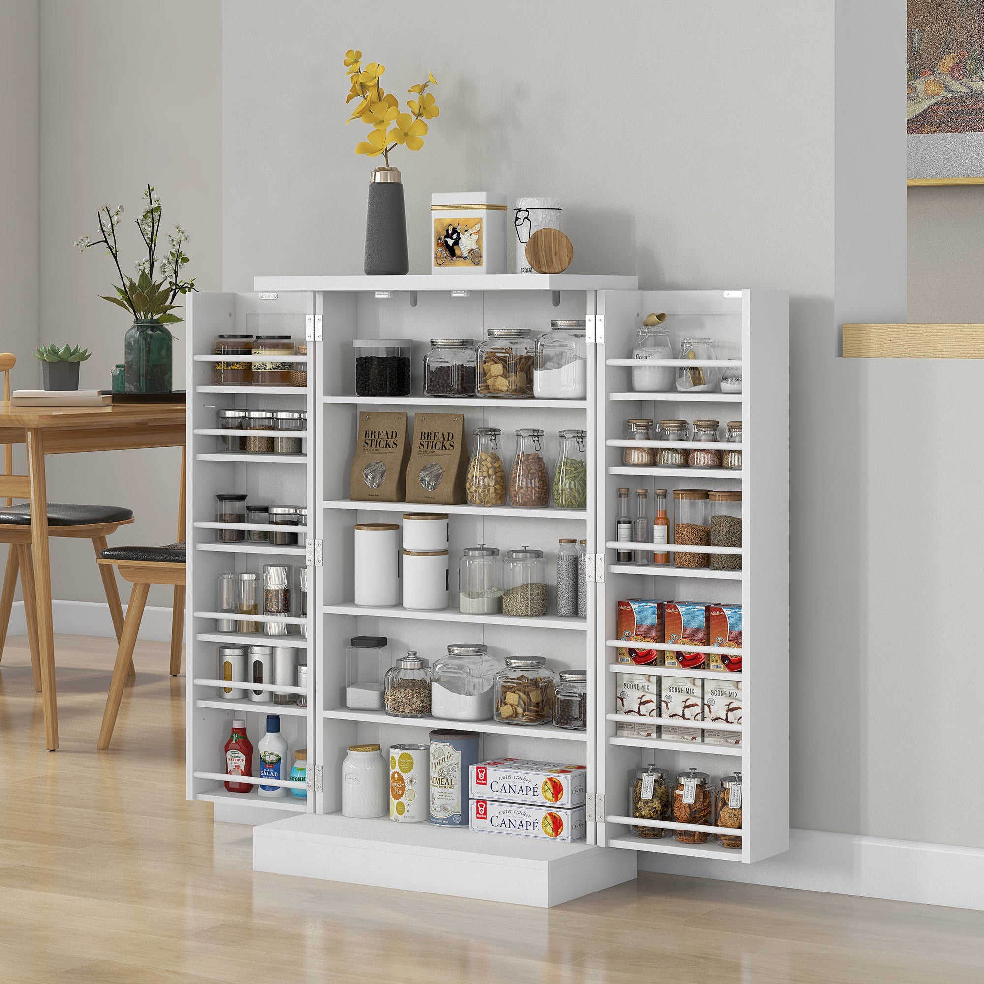 Freestanding Kitchen Pantry, Kitchen Storage Cabinet with 5-Tier Shelf, 12 Spice Racks, Adjustable Shelves, White